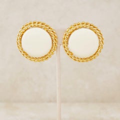 Vintage Oversized Gilt & Cream Enamel Statement Earrings, 1980s