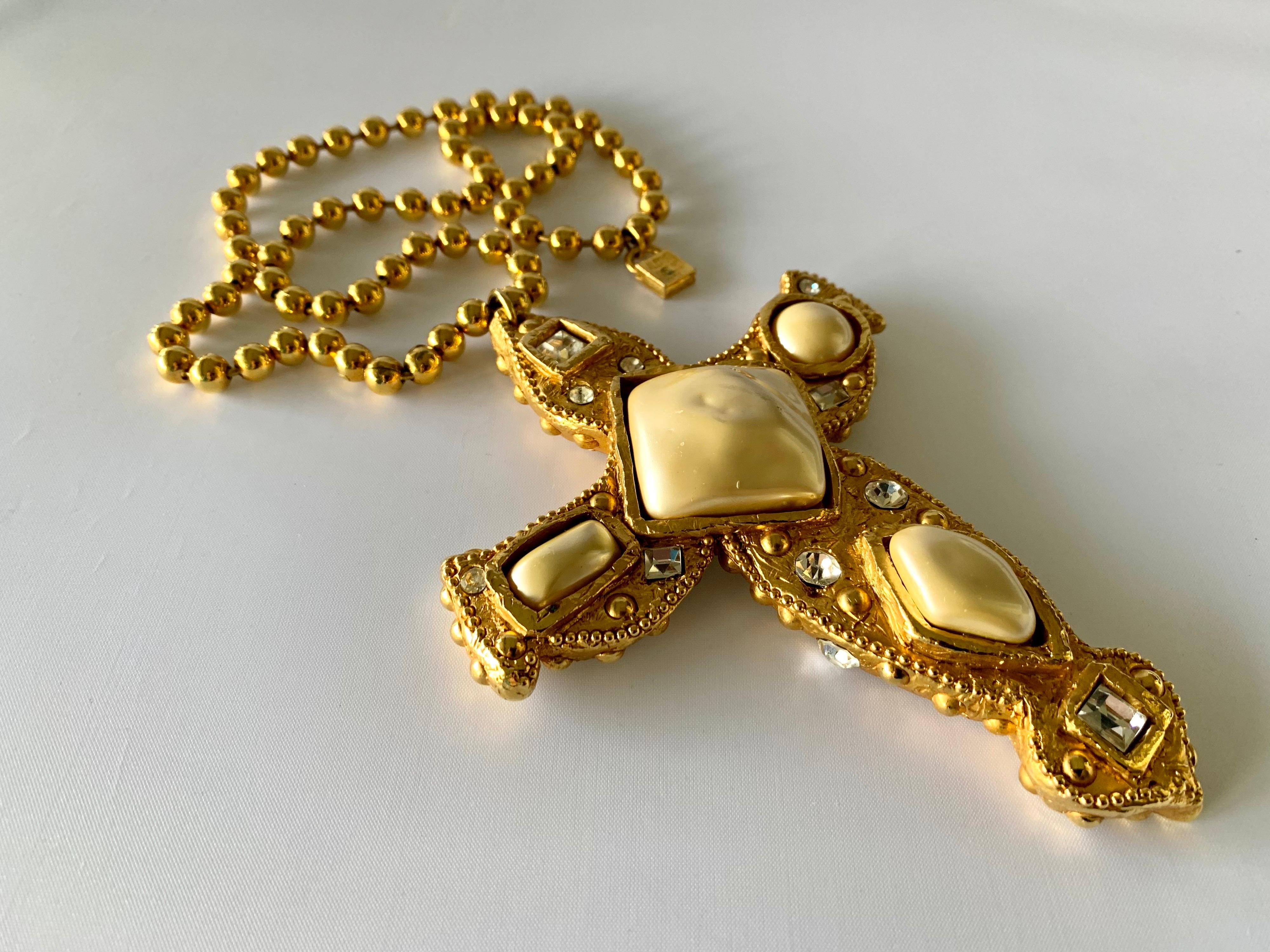 Byzantine Vintage Oversized Gold Jeweled Pearl Diamante Cross Pendant Necklace 