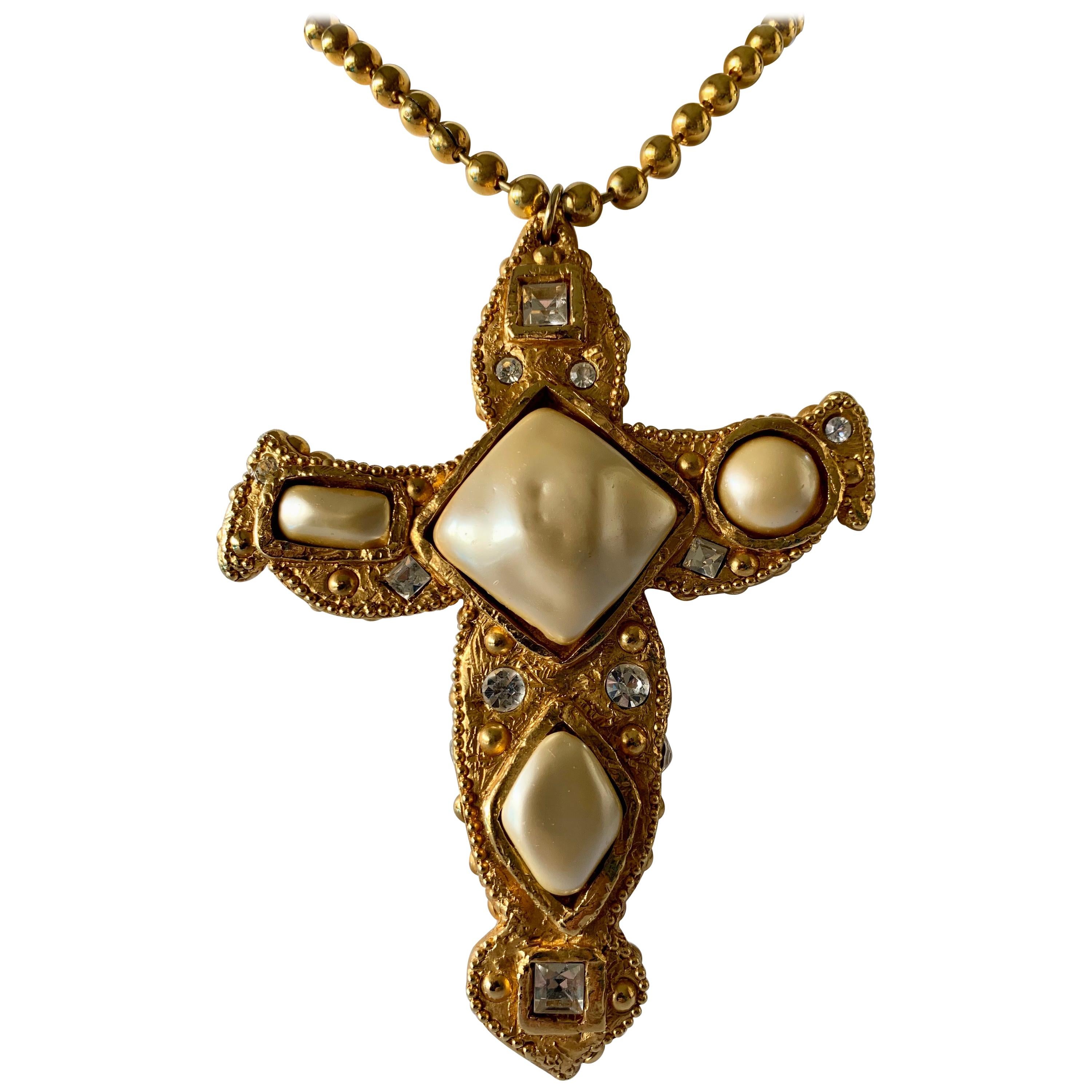 Vintage Oversized Gold Jeweled Pearl Diamante Cross Pendant Necklace 