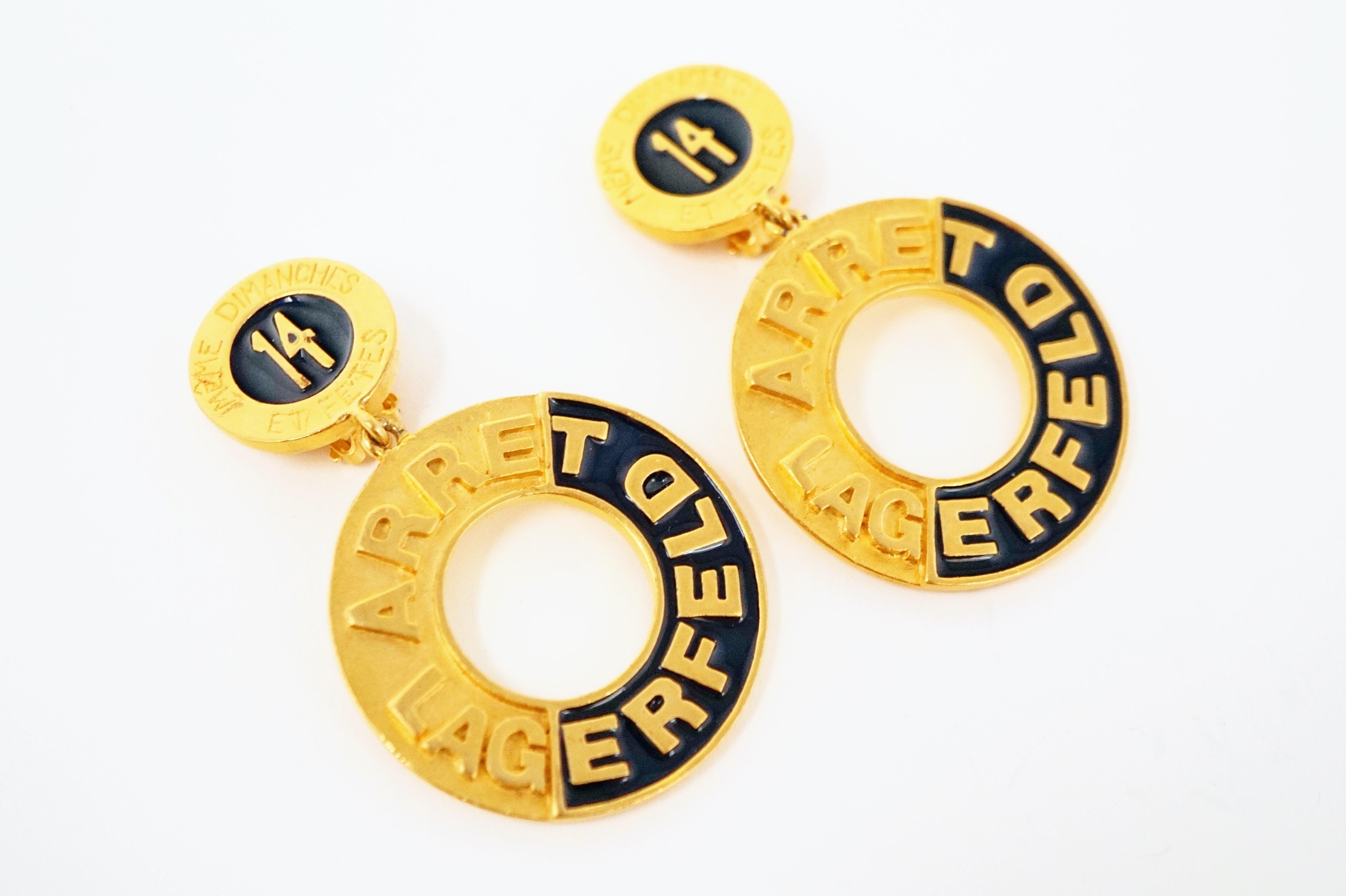 Vintage Oversized Karl Lagerfeld Parisian Office Address Hoop Earrings, 1980s In Excellent Condition For Sale In McKinney, TX