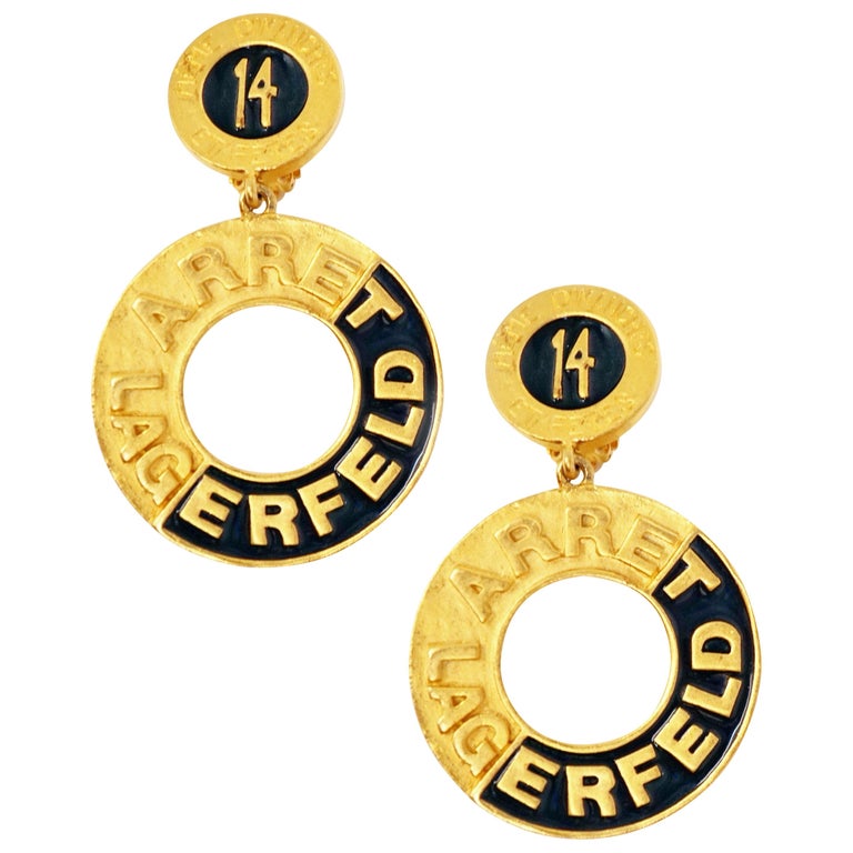 Karl Lagerfeld Matt Gold Round Logo Baroque Pearl Vintage Clip-On Earrings