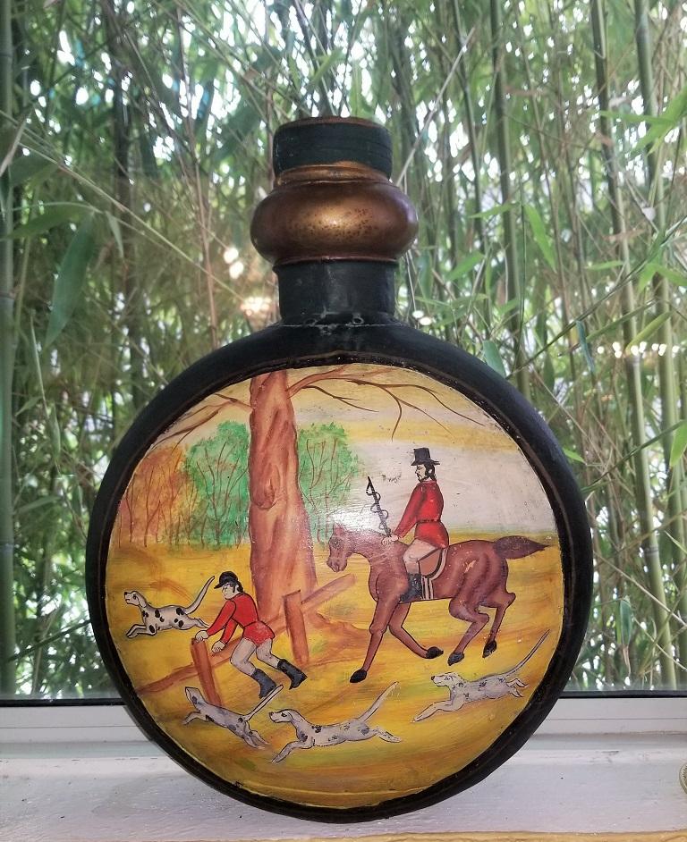 Country Vintage Oversized Metal Decanter with Hunt Scene
