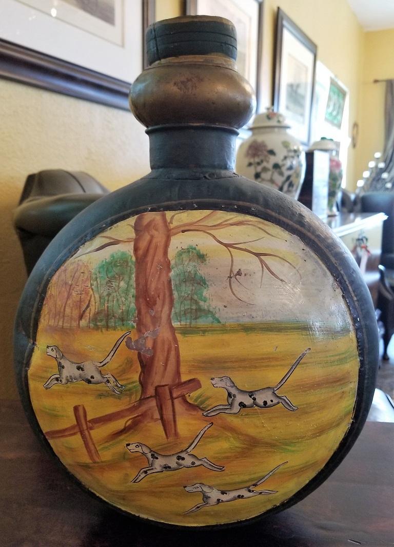 Hand-Painted Vintage Oversized Metal Decanter with Hunt Scene