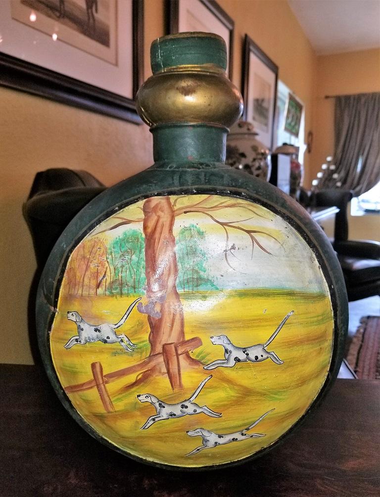 Vintage Oversized Metal Decanter with Hunt Scene In Fair Condition In Dallas, TX