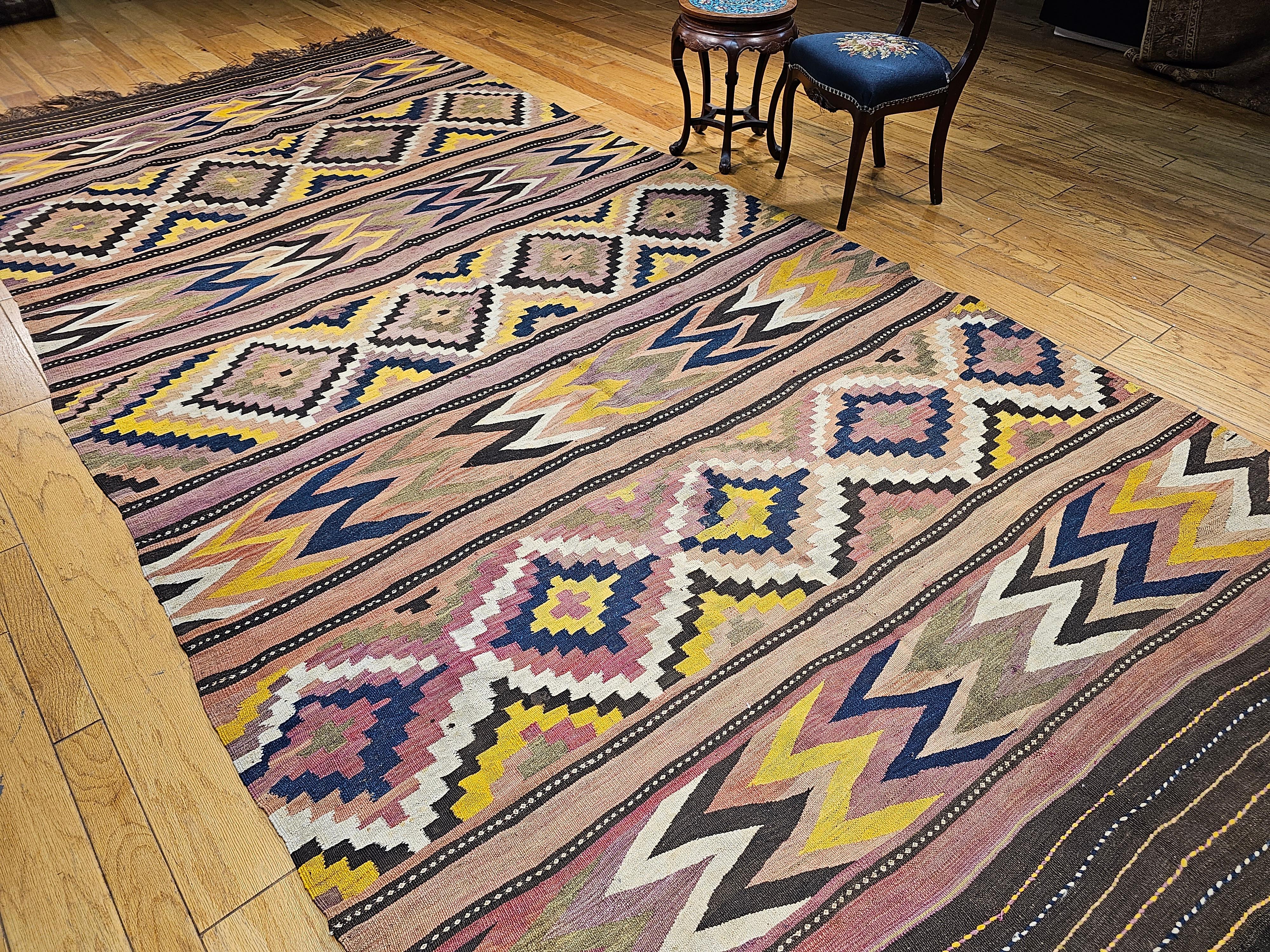 Vintage Oversized Moroccan Kilim in Geometric Pattern with Southwestern Colors For Sale 3