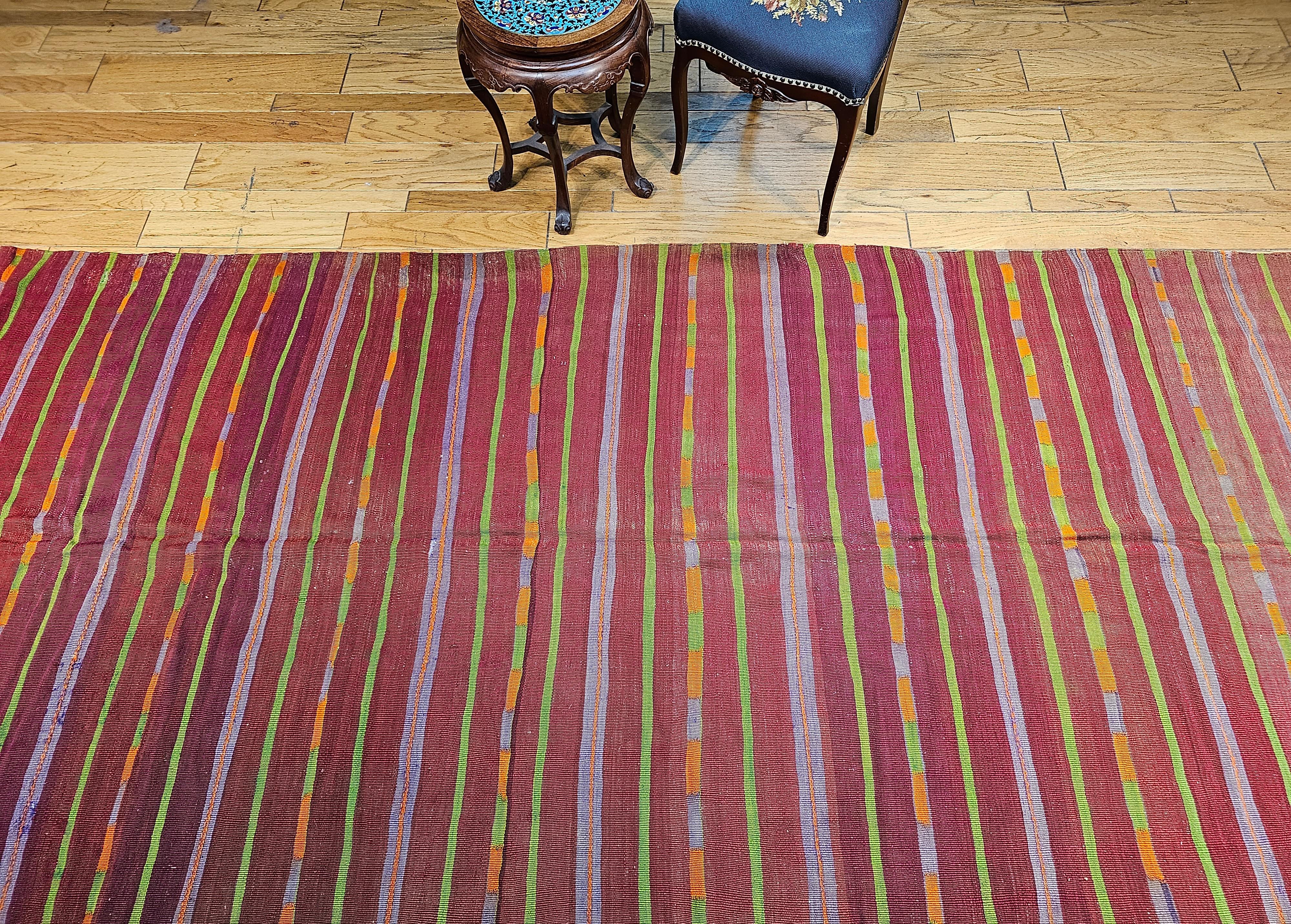 Vintage Oversized  Moroccan Kilim in Stripe Pattern in Lavender, Red, Green For Sale 4