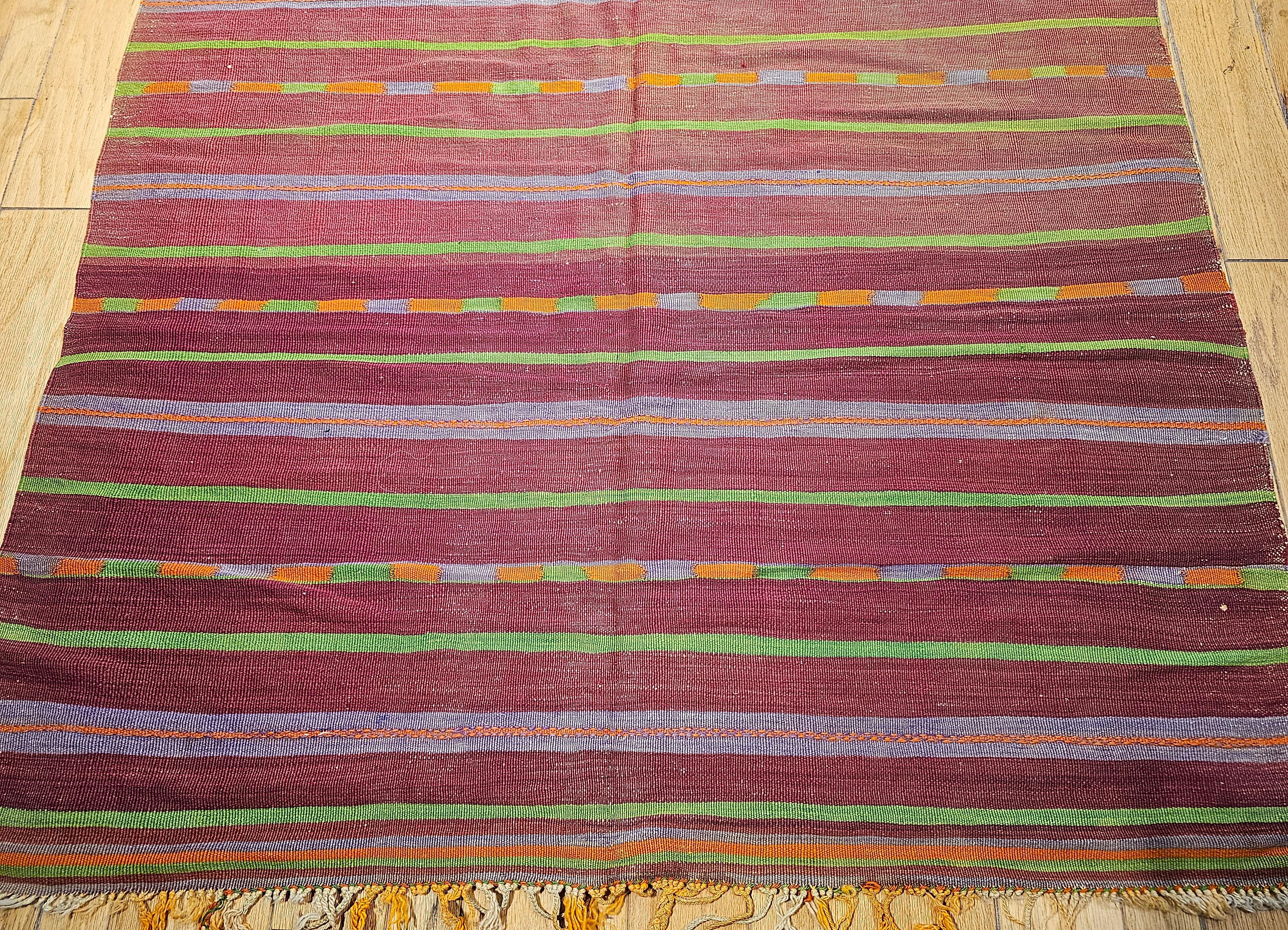 Hand-Woven Vintage Oversized  Moroccan Kilim in Stripe Pattern in Lavender, Red, Green For Sale