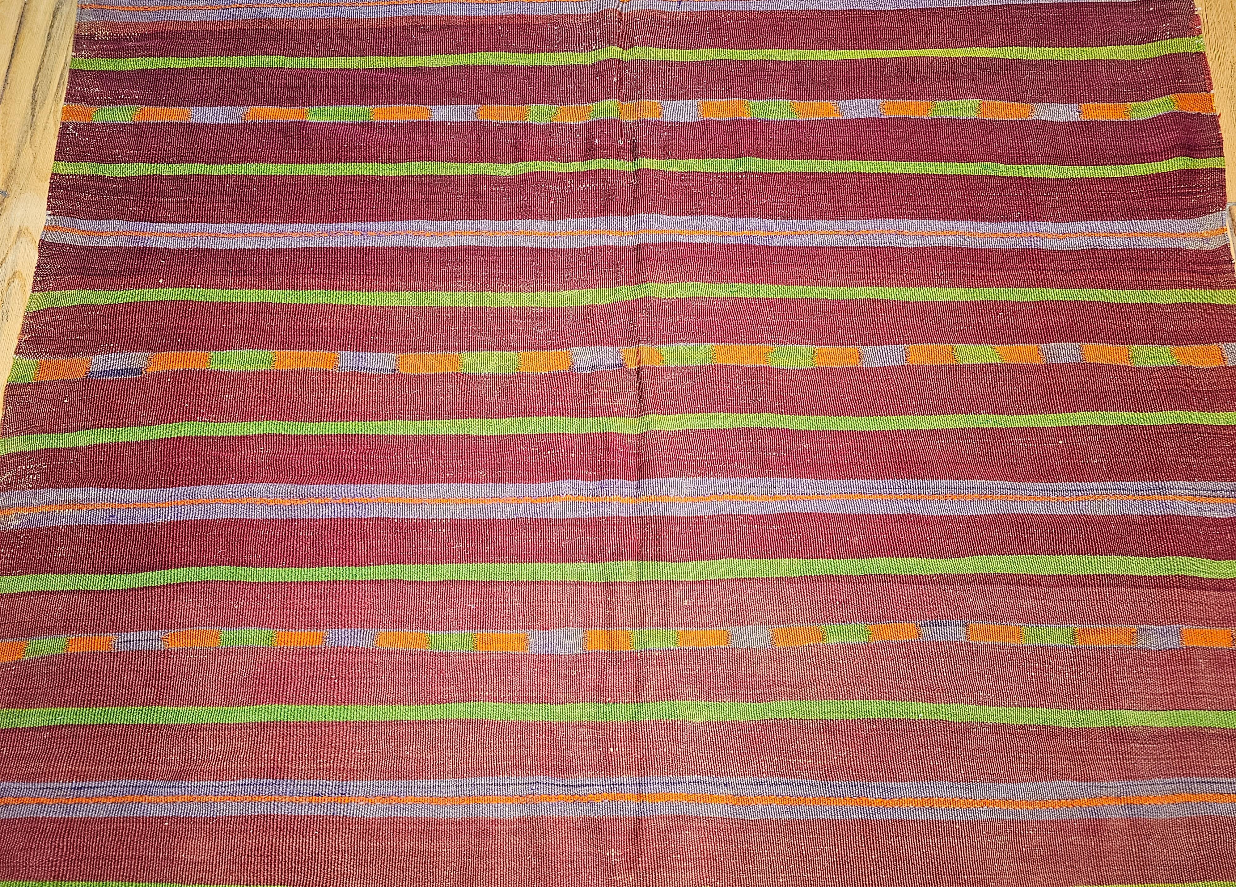 Vintage Oversized  Moroccan Kilim in Stripe Pattern in Lavender, Red, Green In Good Condition For Sale In Barrington, IL