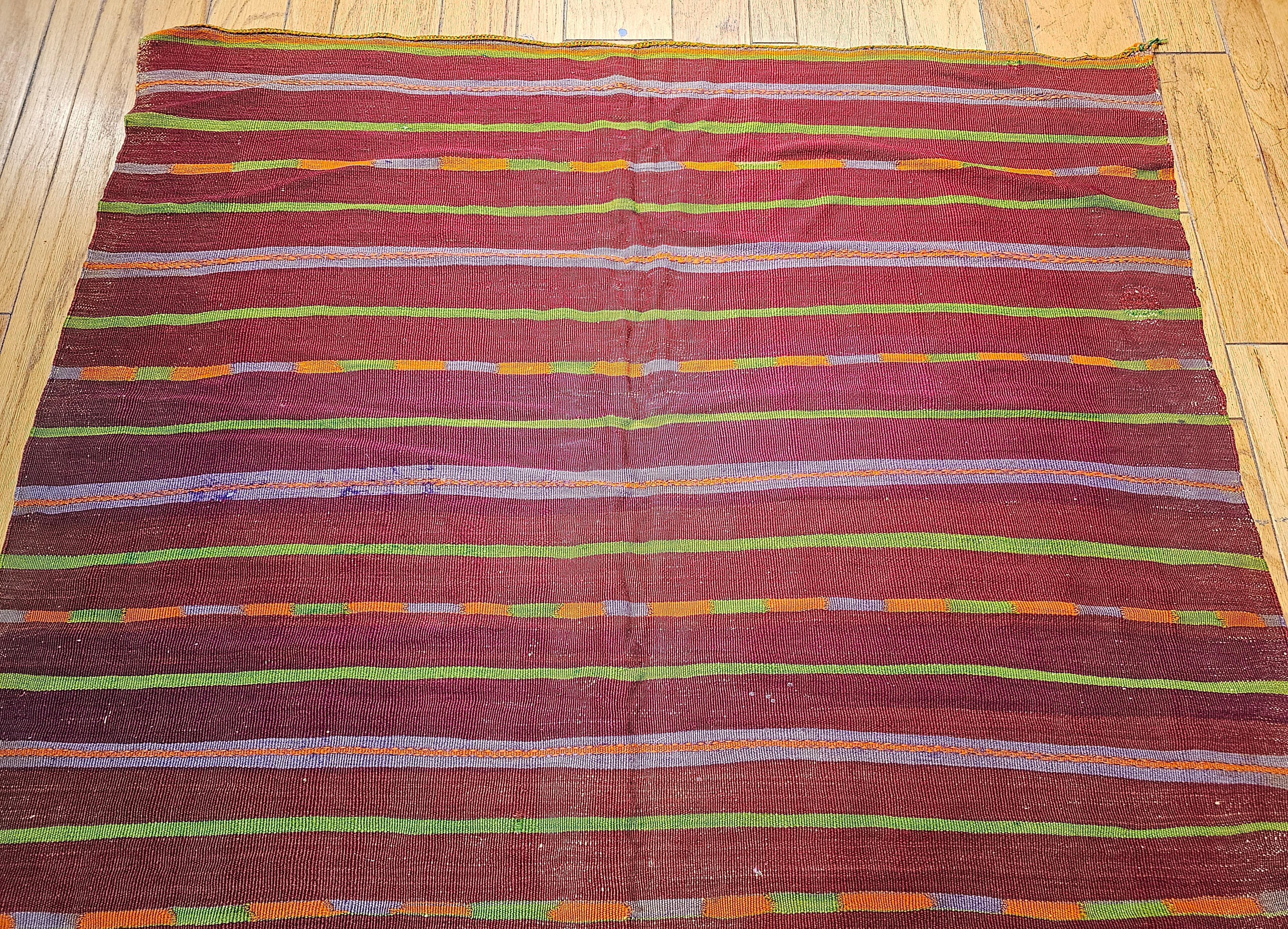 20th Century Vintage Oversized  Moroccan Kilim in Stripe Pattern in Lavender, Red, Green For Sale