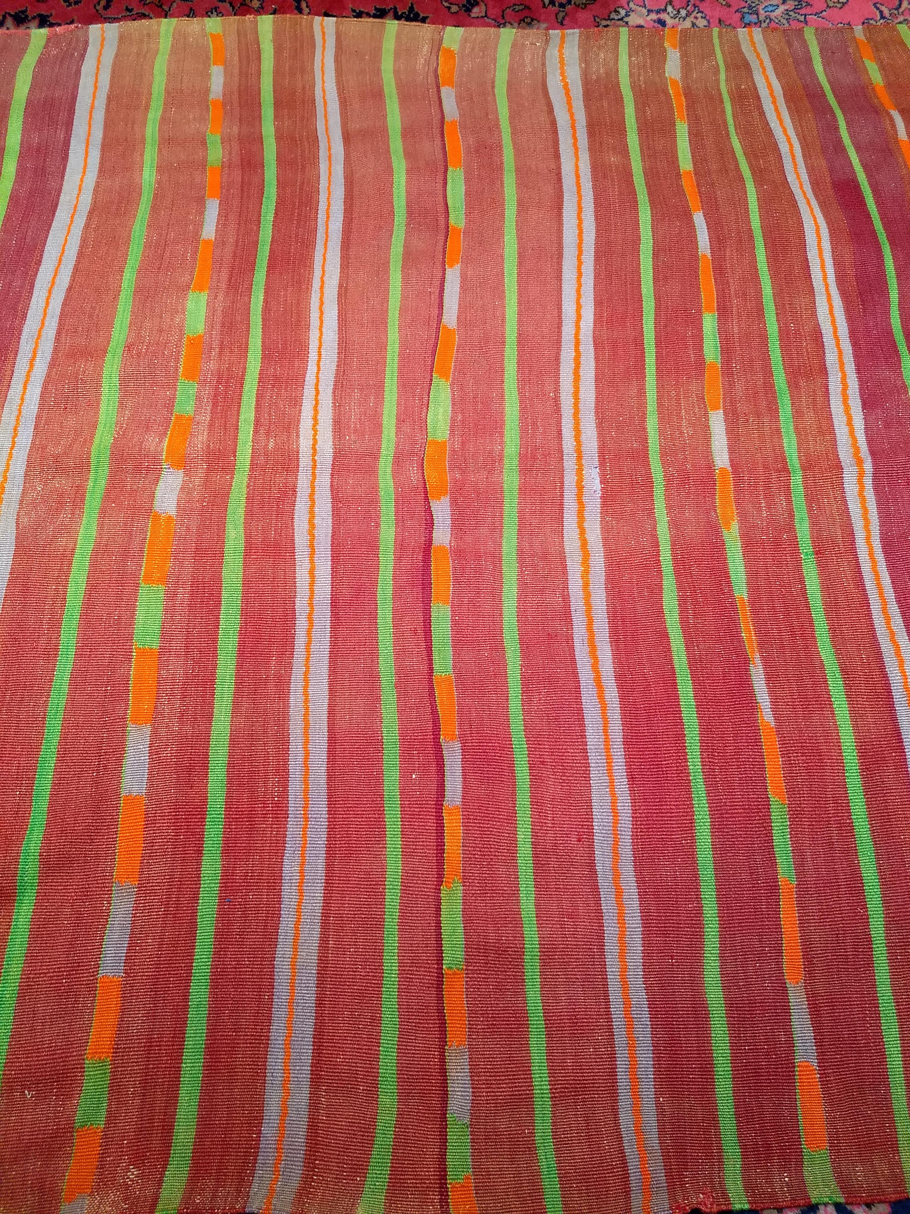 Wool Vintage Oversized  Moroccan Kilim in Stripe Pattern in Lavender, Red, Green For Sale