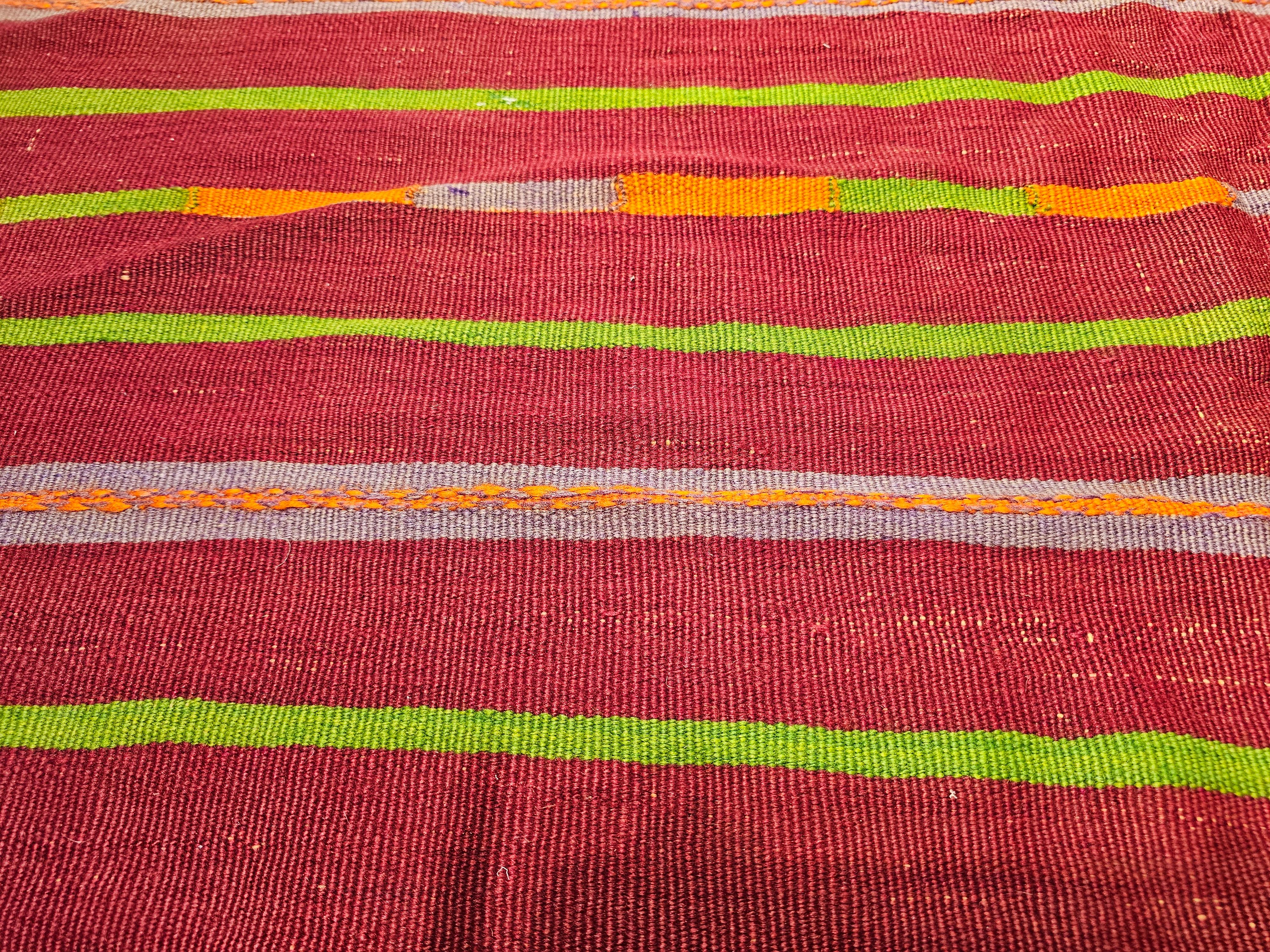 Vintage Oversized  Moroccan Kilim in Stripe Pattern in Lavender, Red, Green For Sale 1