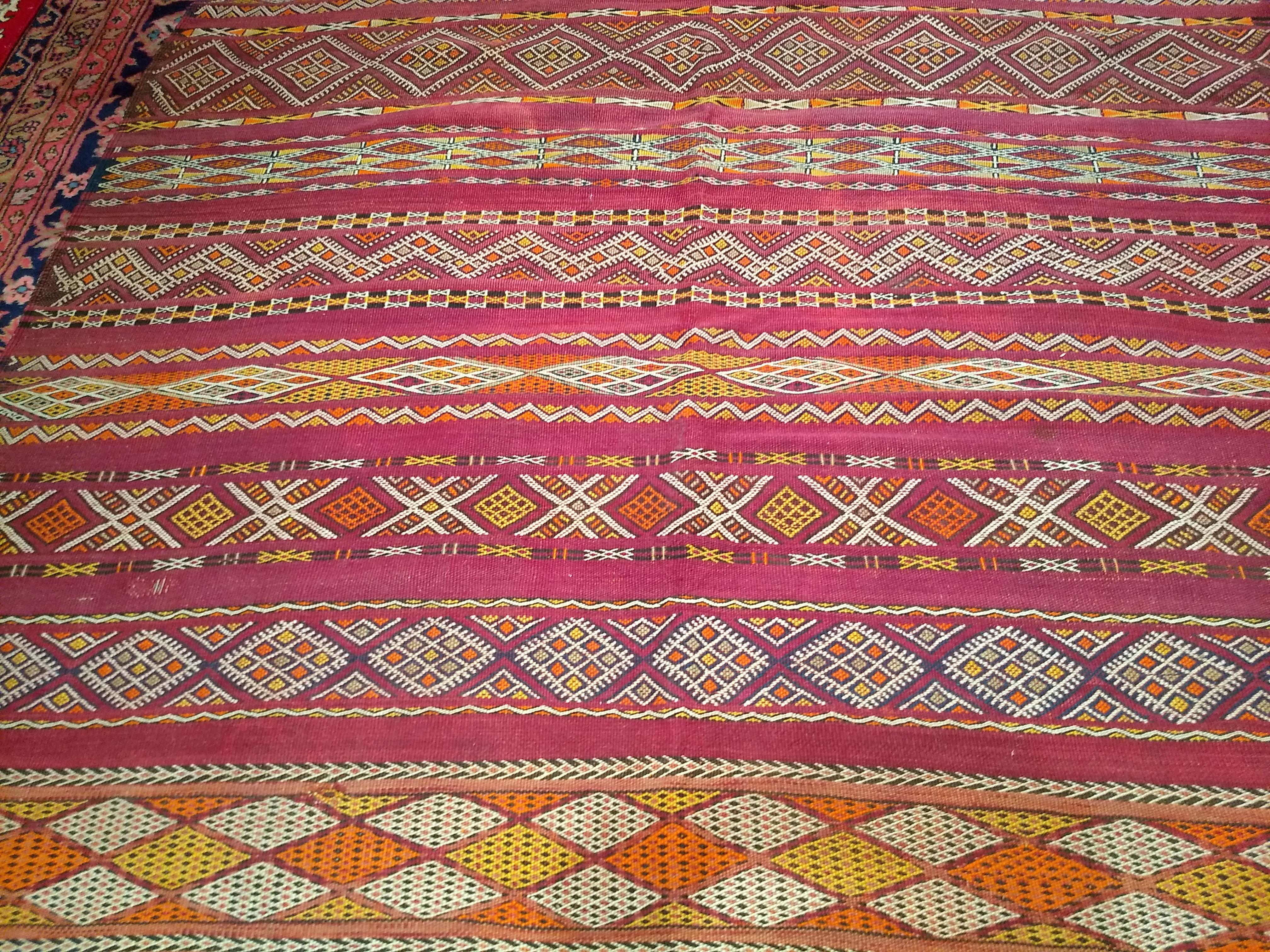 Vintage Oversized Moroccan Kilim in Stripe Pattern in Purple, Red, Yellow, Ivory For Sale 4