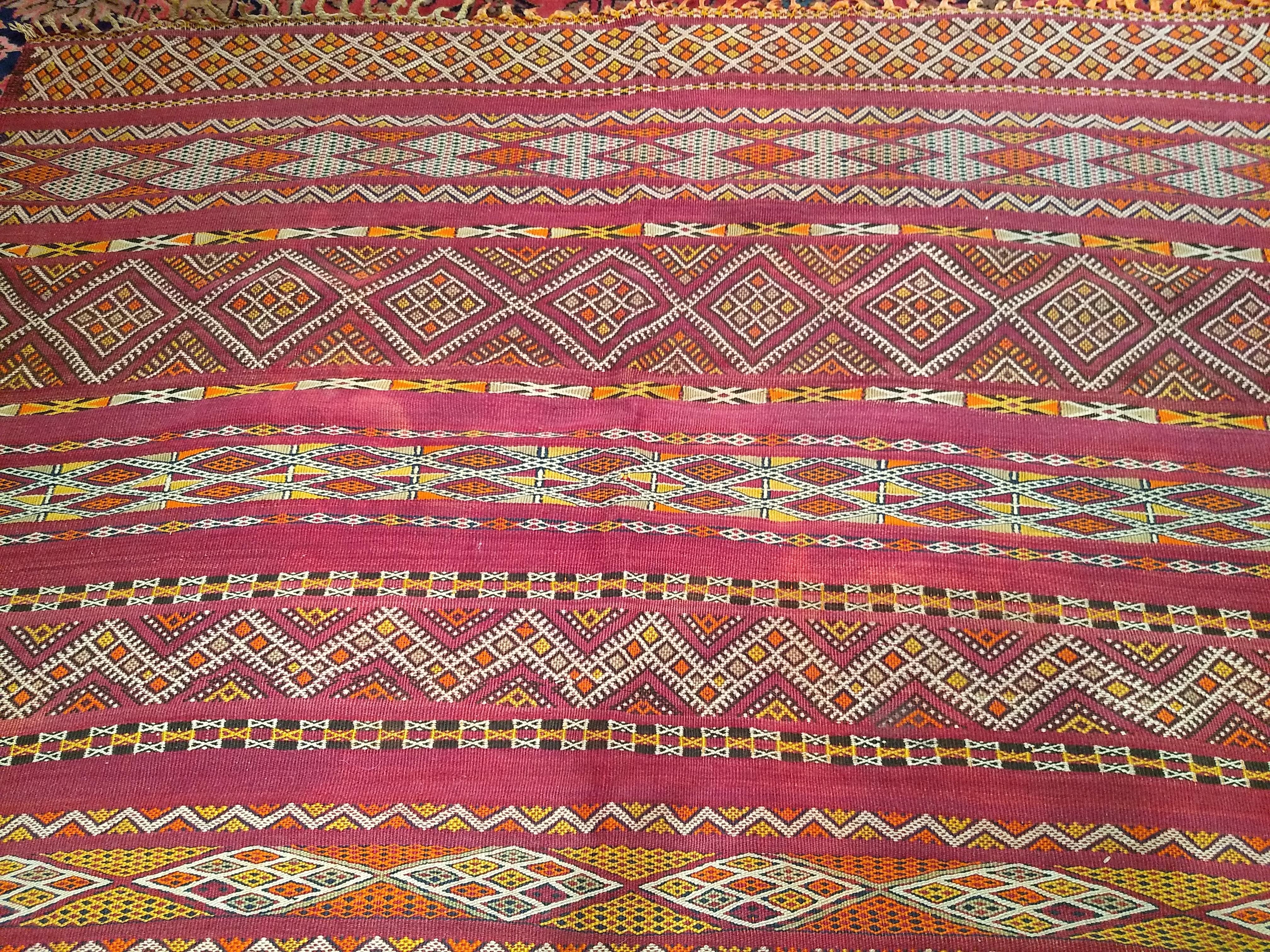 Vintage Oversized Moroccan Kilim in Stripe Pattern in Purple, Red, Yellow, Ivory For Sale 5