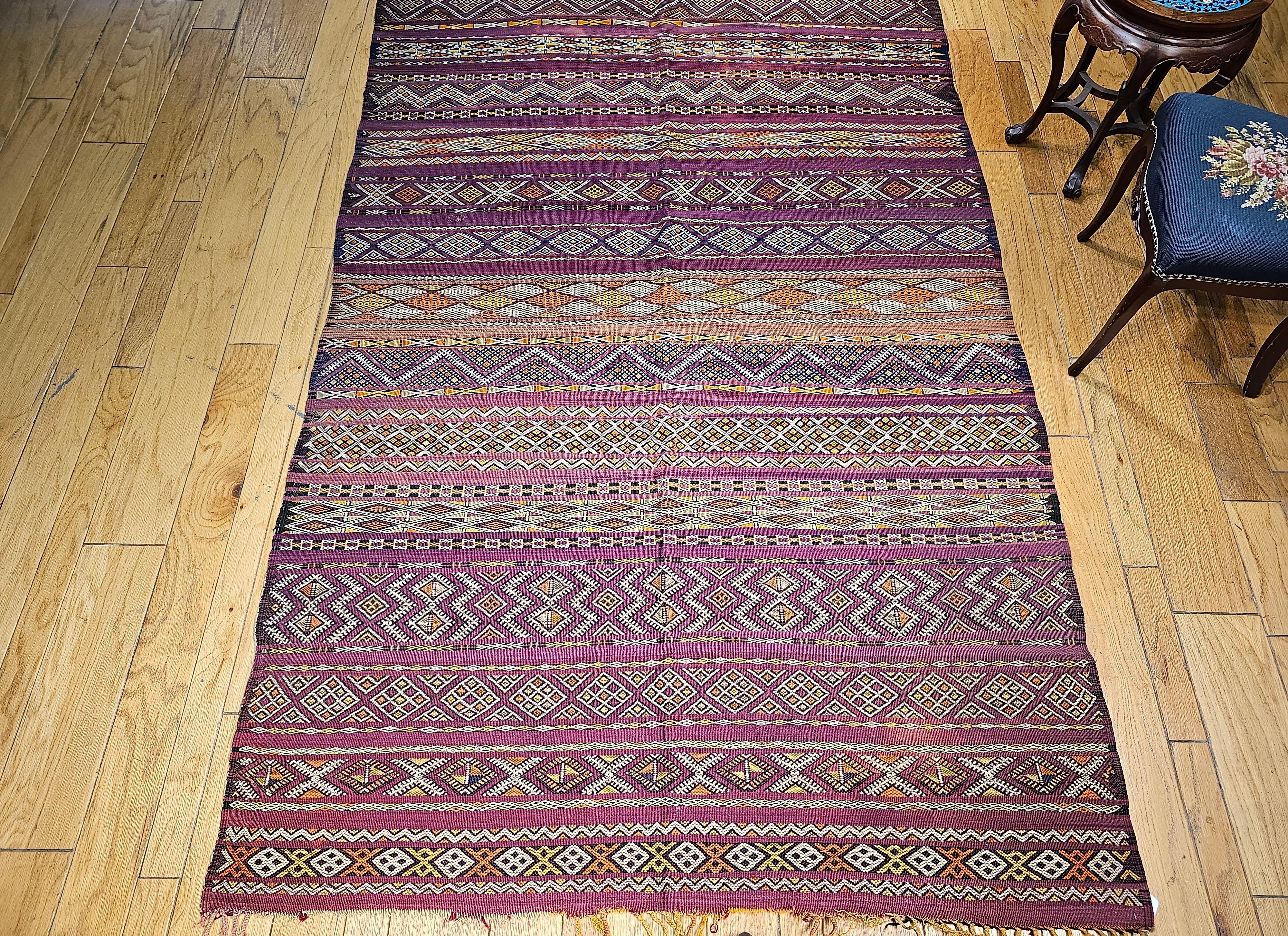 Vintage Oversized Moroccan Kilim in Stripe Pattern in Purple, Red, Yellow, Ivory For Sale 8