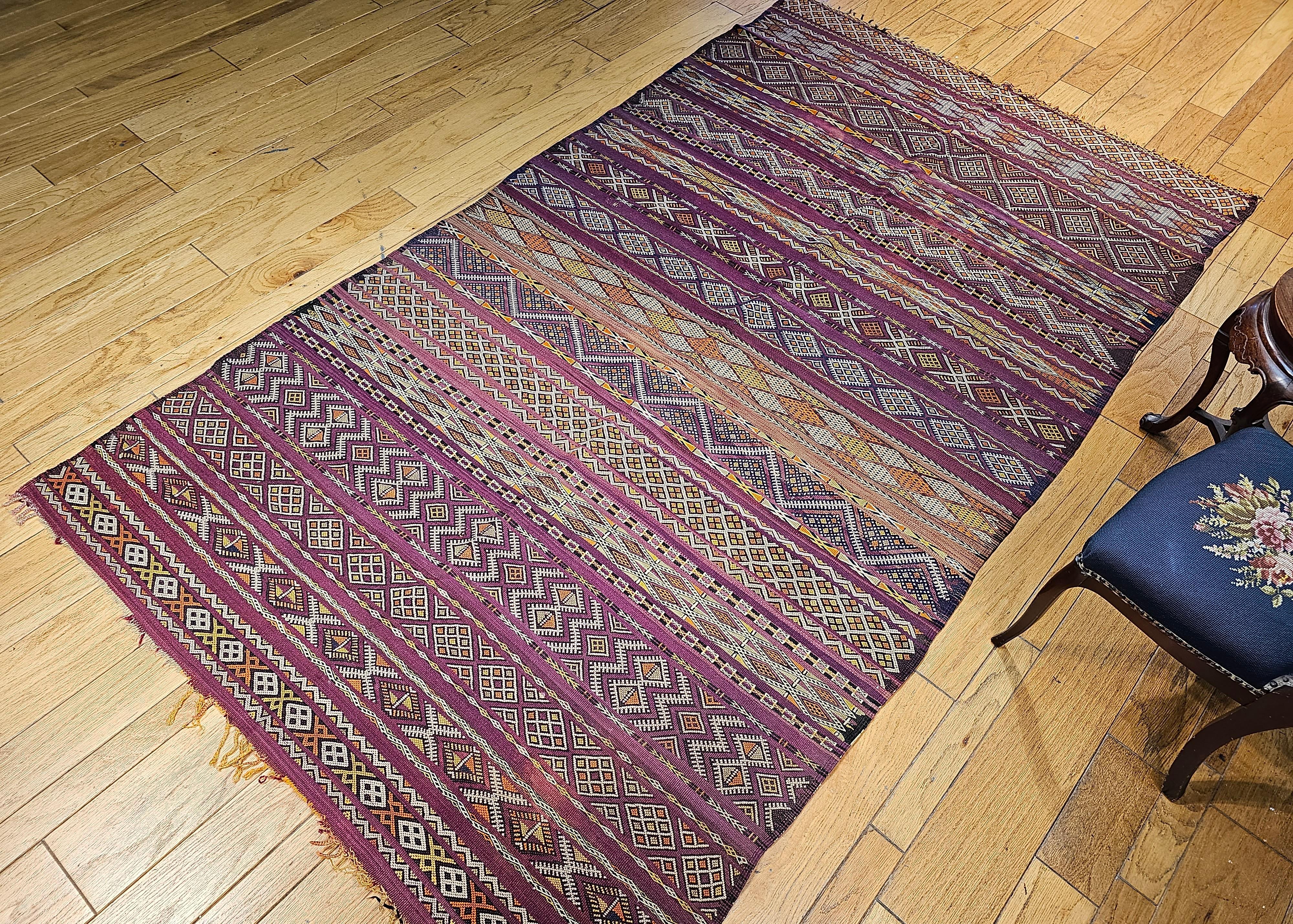 Vintage Oversized Moroccan Kilim in Stripe Pattern in Purple, Red, Yellow, Ivory For Sale 9