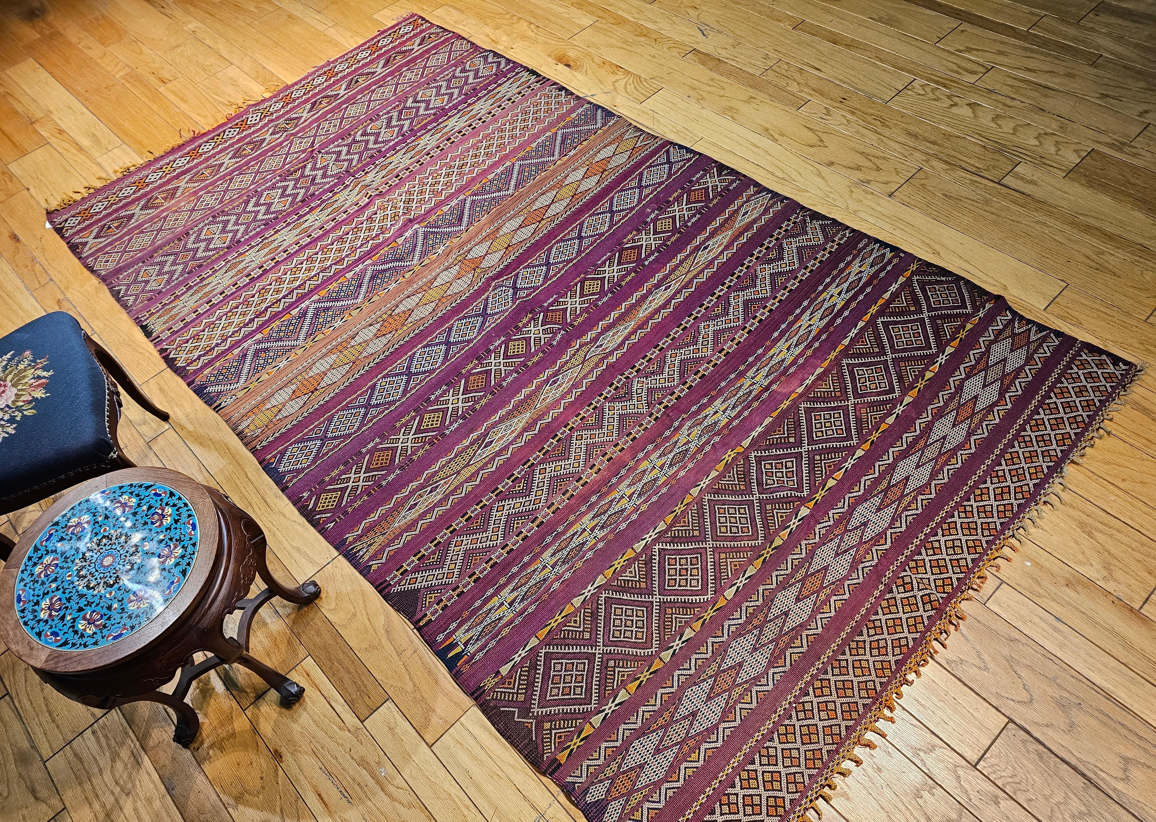 Vintage Oversized Moroccan Kilim in Stripe Pattern in Purple, Red, Yellow, Ivory For Sale 10
