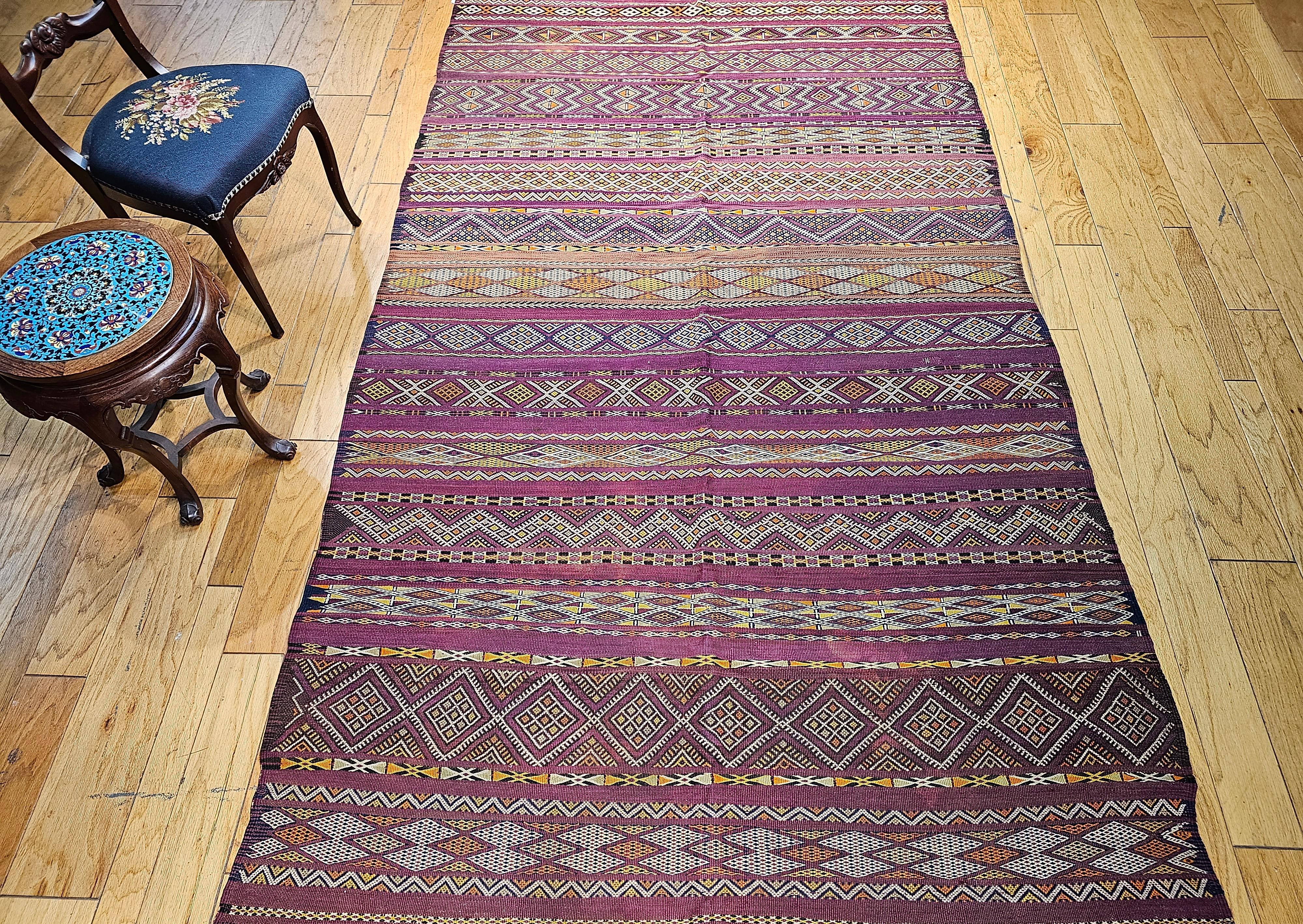 Vintage Oversized Moroccan Kilim in Stripe Pattern in Purple, Red, Yellow, Ivory For Sale 11