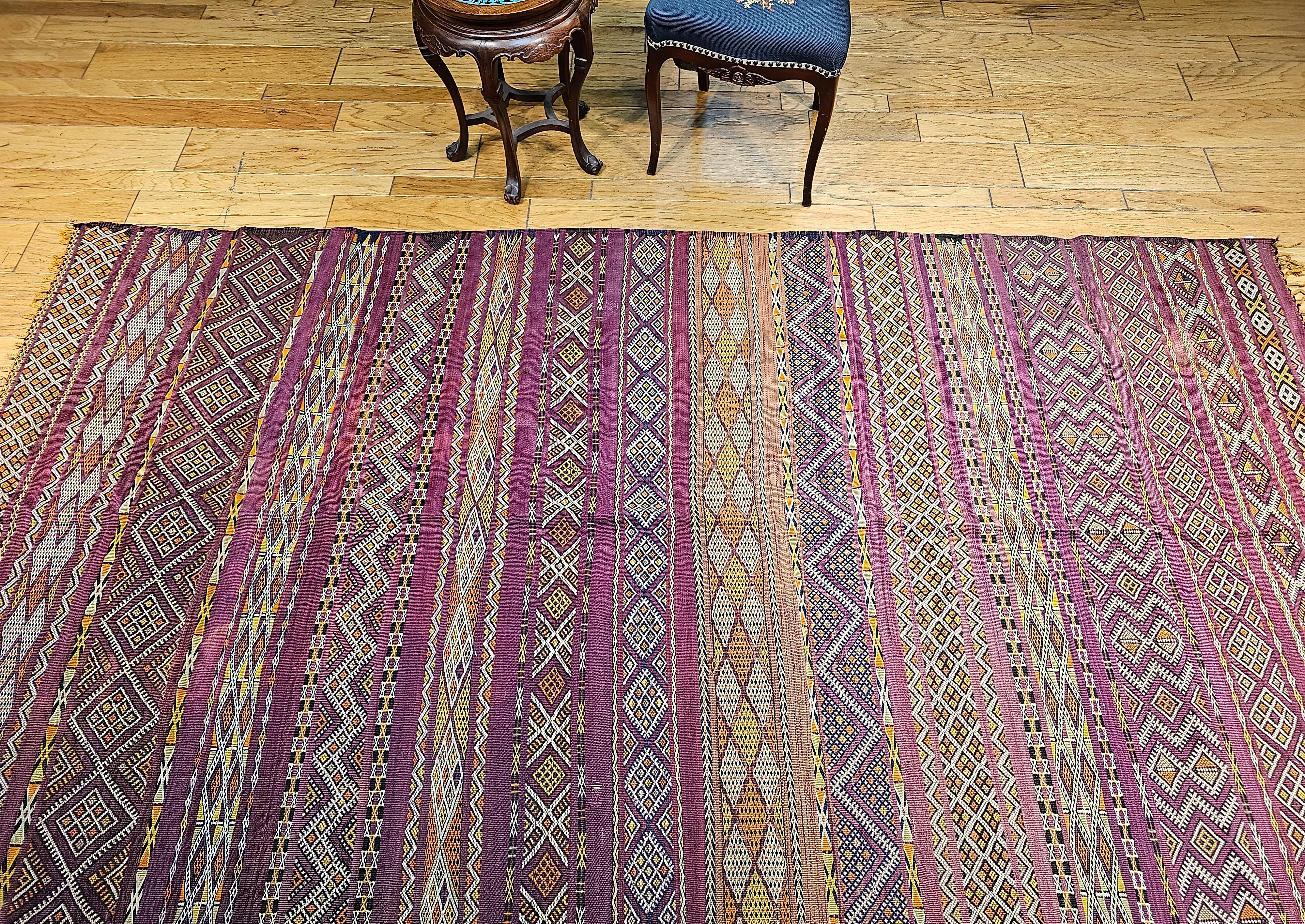 Vintage Oversized Moroccan Kilim in Stripe Pattern in Purple, Red, Yellow, Ivory For Sale 13