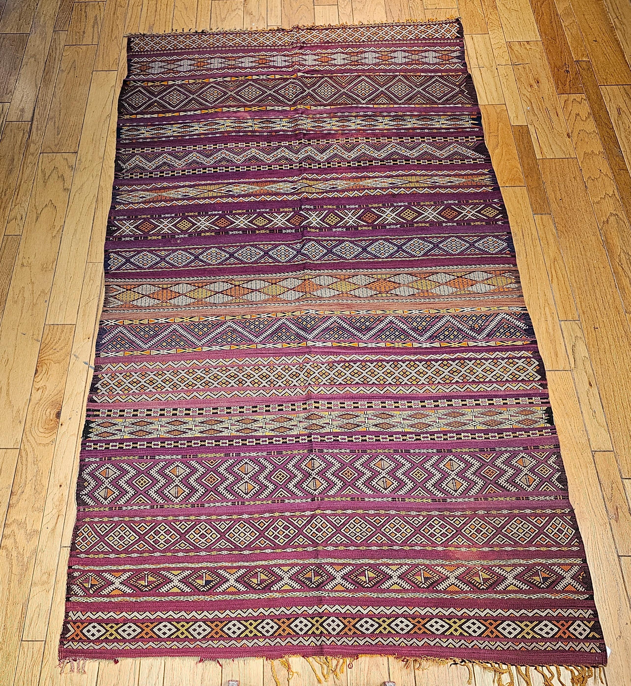 Vintage Oversized Moroccan Kilim in Stripe Pattern in Purple, Red, Yellow, Ivory For Sale 14