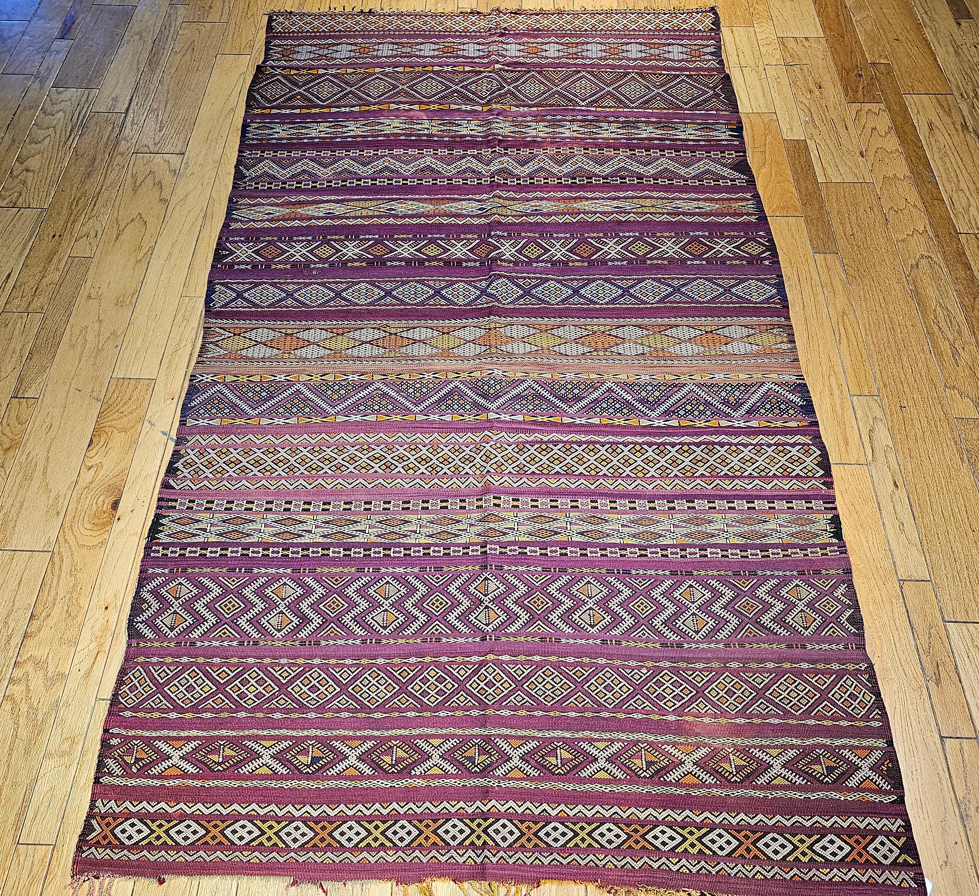 Hand-Woven Vintage Oversized Moroccan Kilim in Stripe Pattern in Purple, Red, Yellow, Ivory For Sale