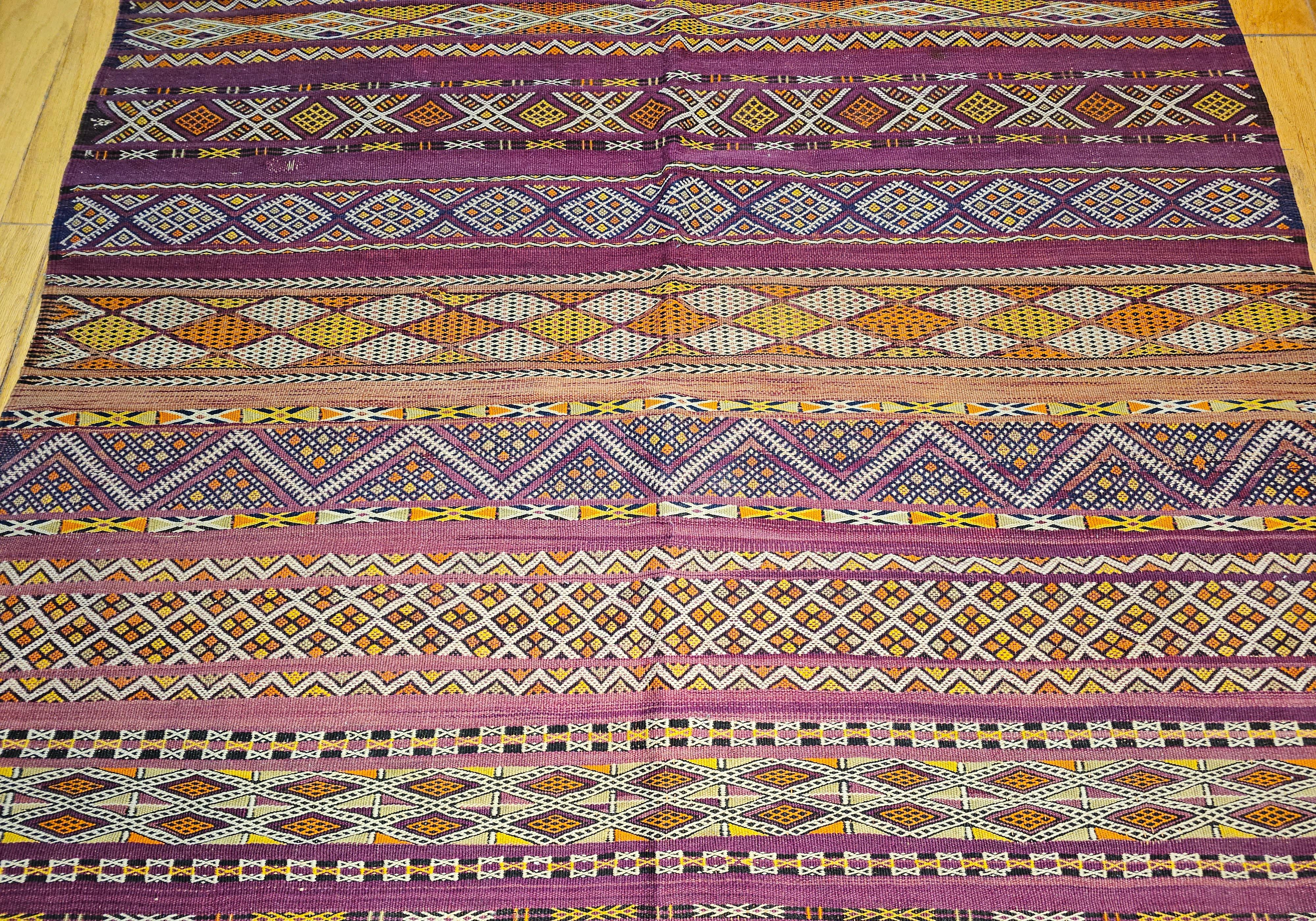 20th Century Vintage Oversized Moroccan Kilim in Stripe Pattern in Purple, Red, Yellow, Ivory For Sale