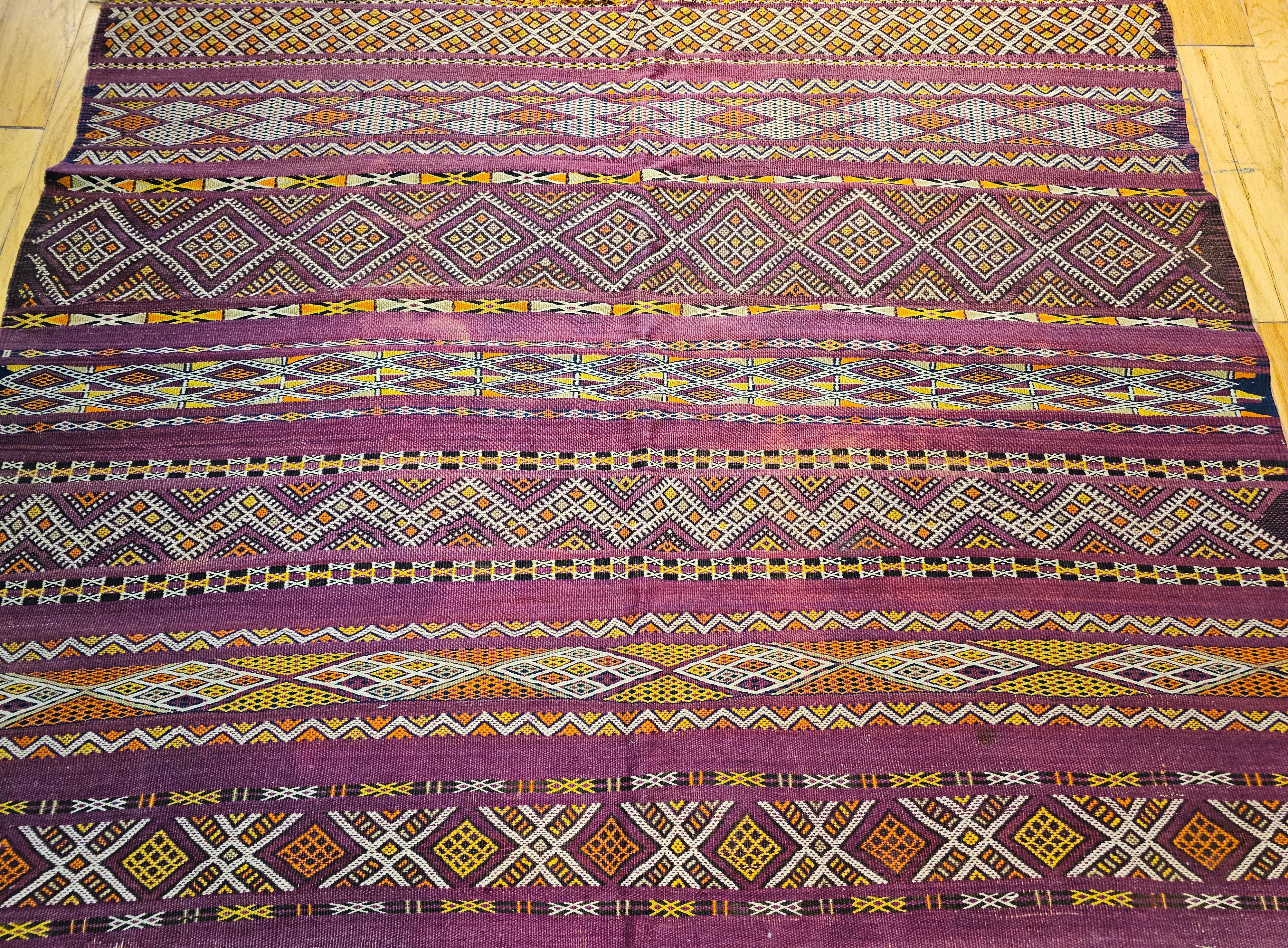 Wool Vintage Oversized Moroccan Kilim in Stripe Pattern in Purple, Red, Yellow, Ivory For Sale