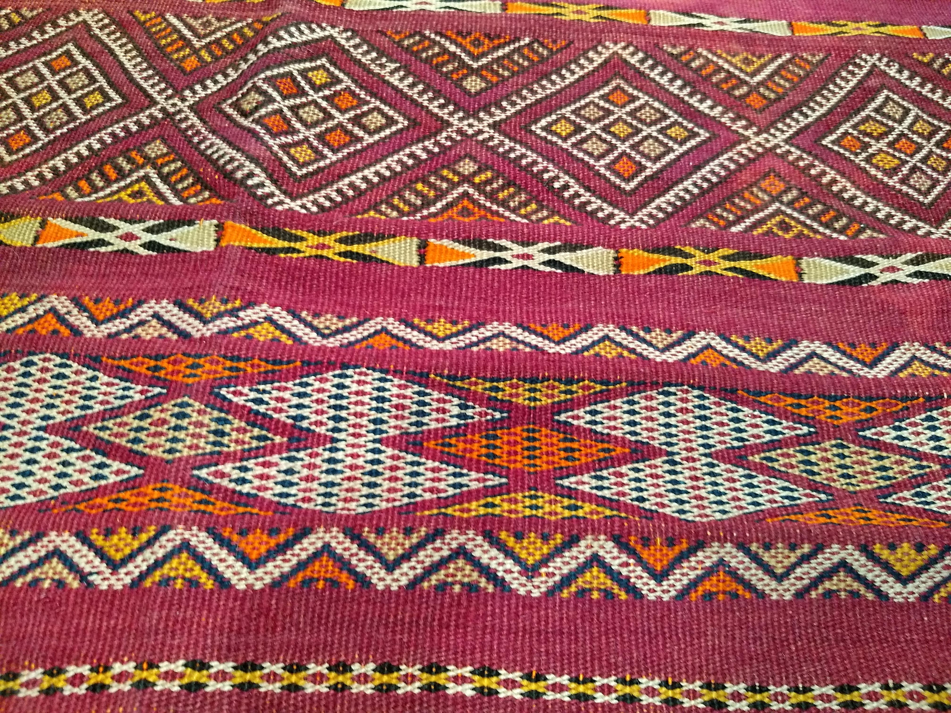 Vintage Oversized Moroccan Kilim in Stripe Pattern in Purple, Red, Yellow, Ivory For Sale 1