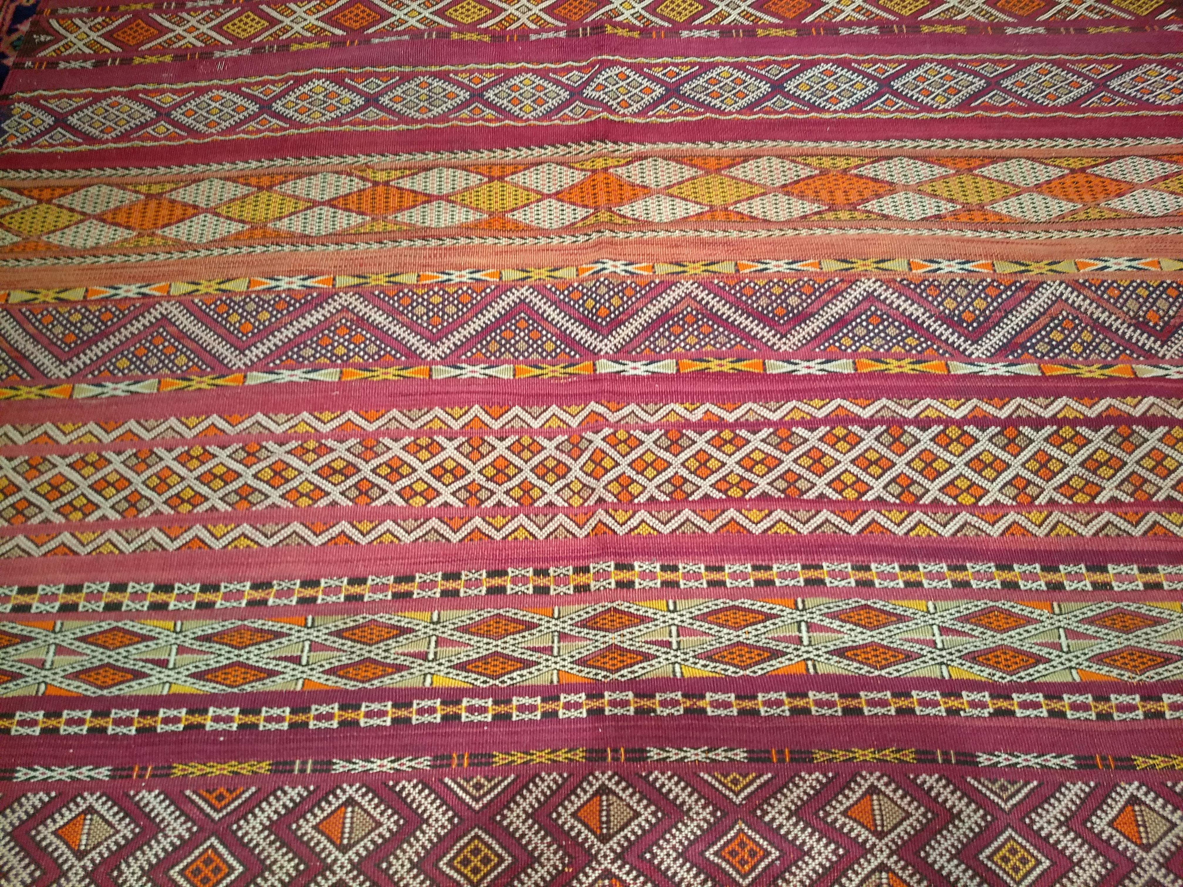 Vintage Oversized Moroccan Kilim in Stripe Pattern in Purple, Red, Yellow, Ivory For Sale 3