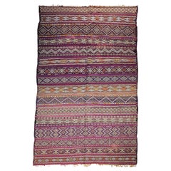 Retro Oversized Moroccan Kilim in Stripe Pattern in Purple, Red, Yellow, Ivory