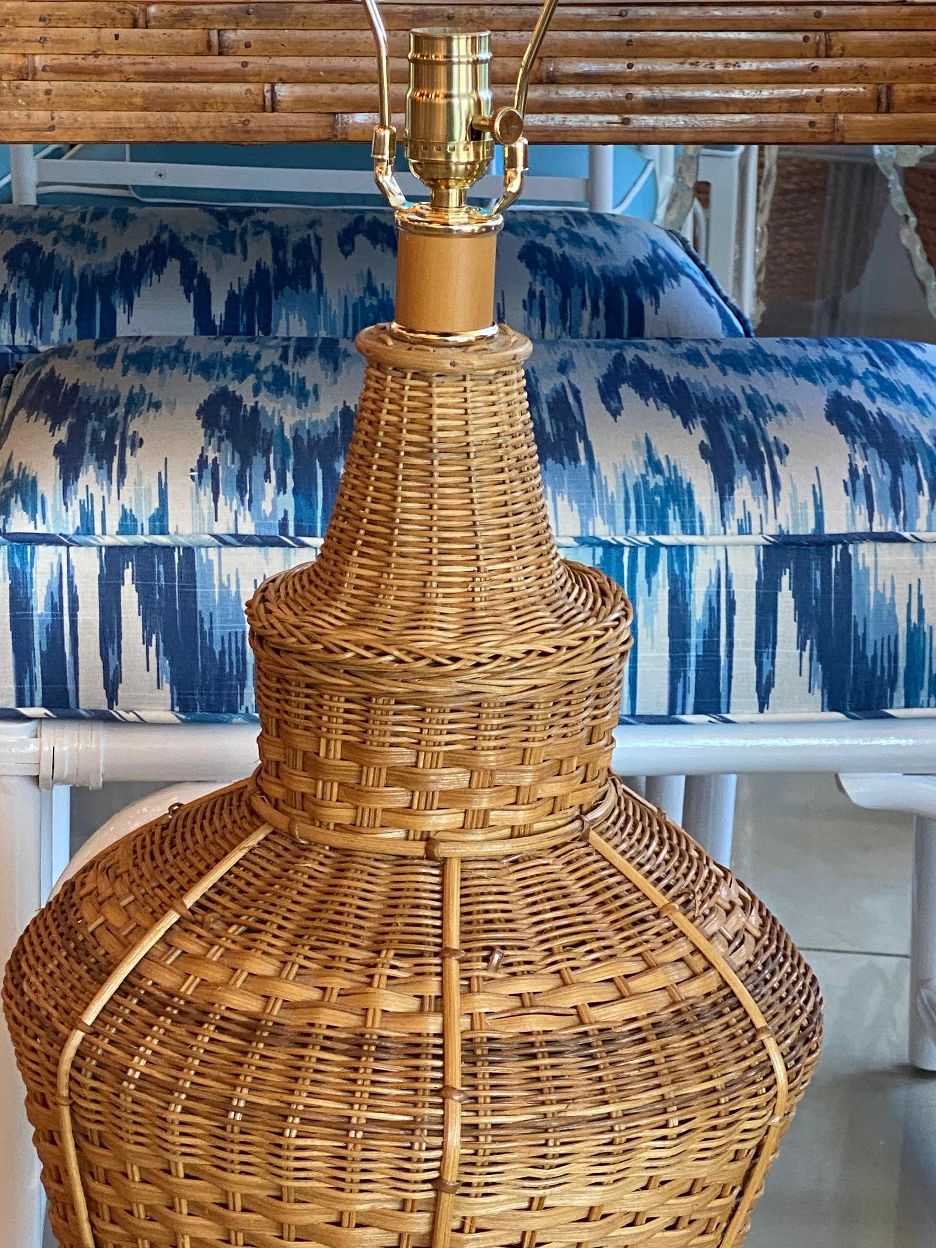 Vintage Oversized Pair of Wicker Pagoda Table Lamps & Shades Newly Wired 3