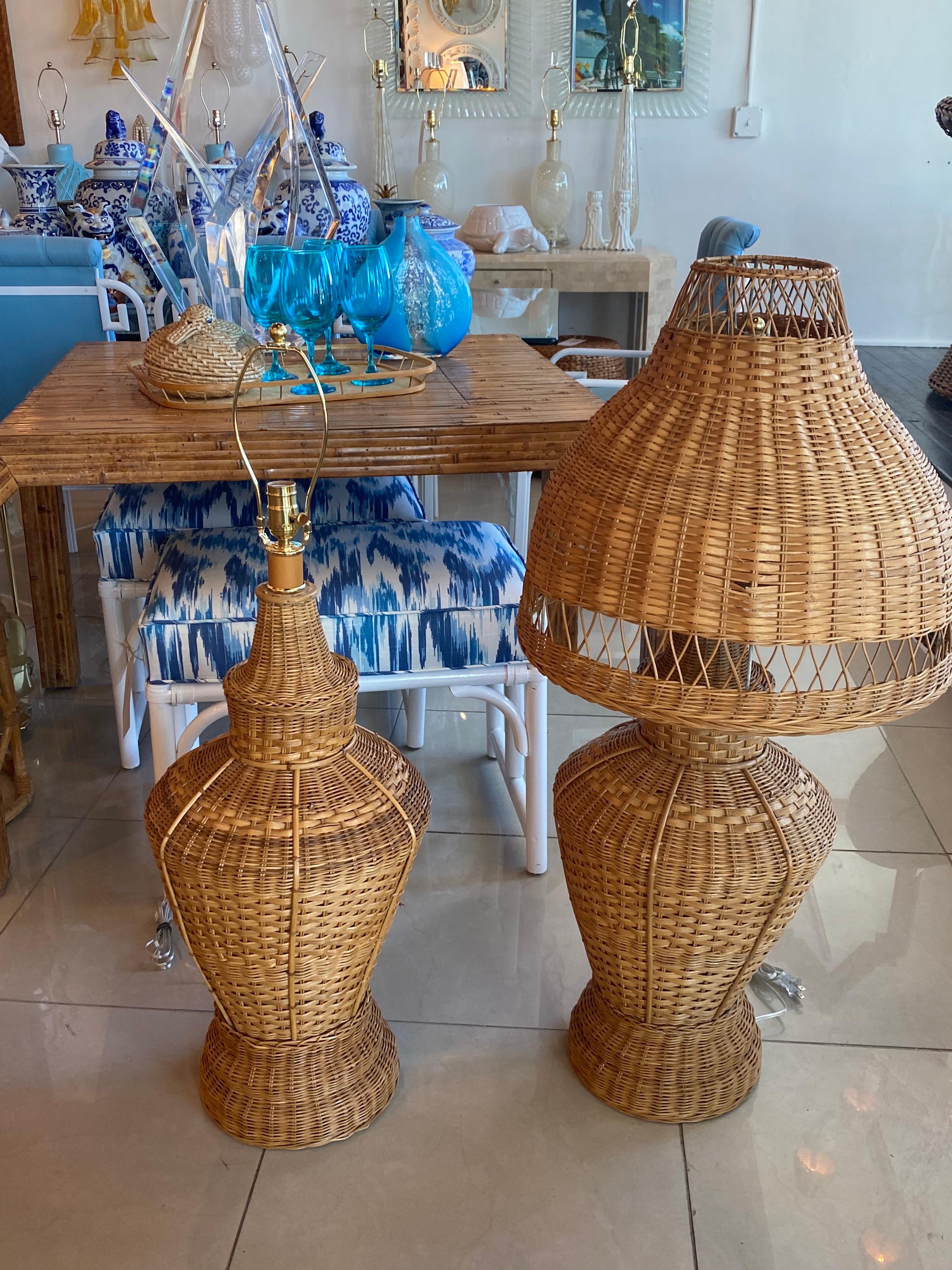 Vintage Oversized Pair of Wicker Pagoda Table Lamps & Shades Newly Wired 6