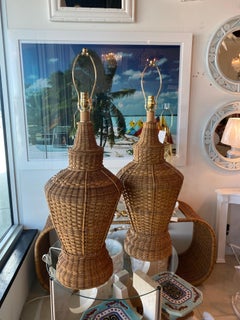 Vintage Oversized Pair of Wicker Pagoda Table Lamps & Shades Newly Wired