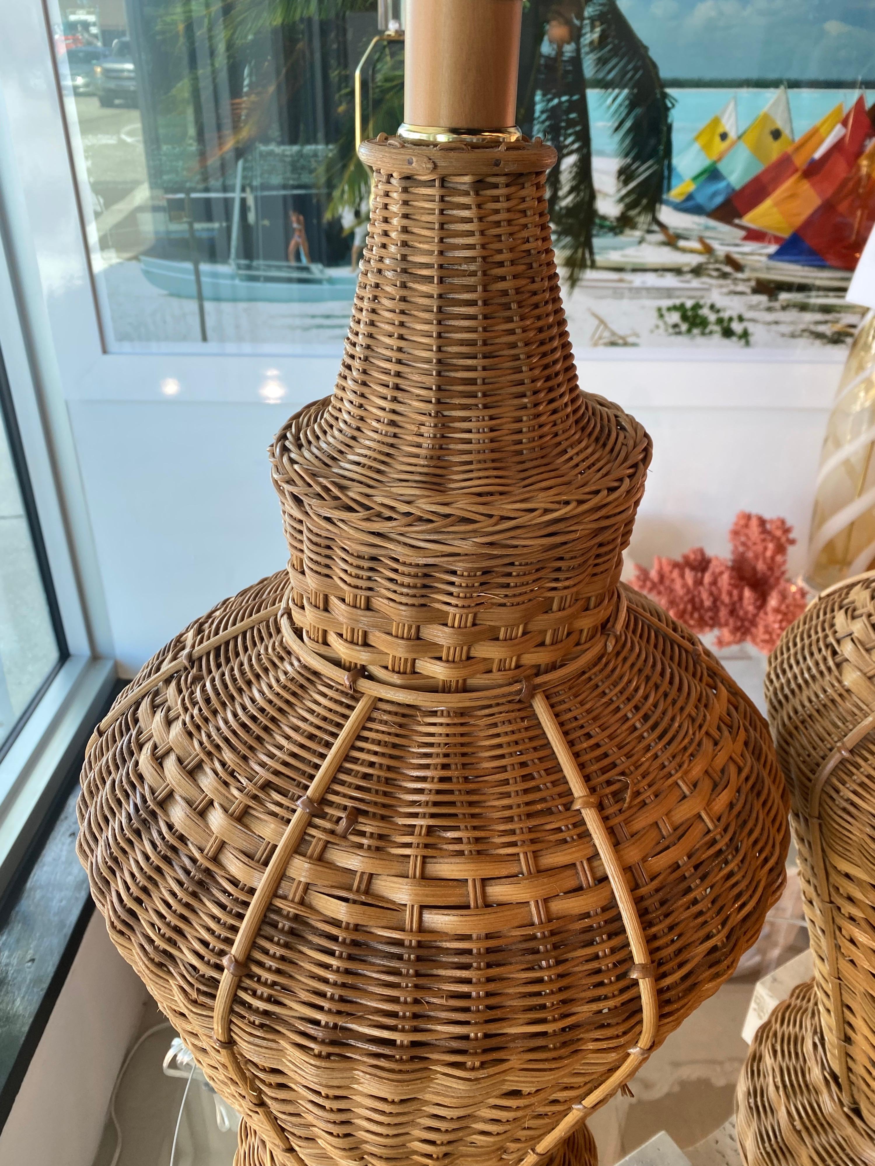 Hollywood Regency Vintage Oversized Pair of Wicker Pagoda Table Lamps & Shades Newly Wired