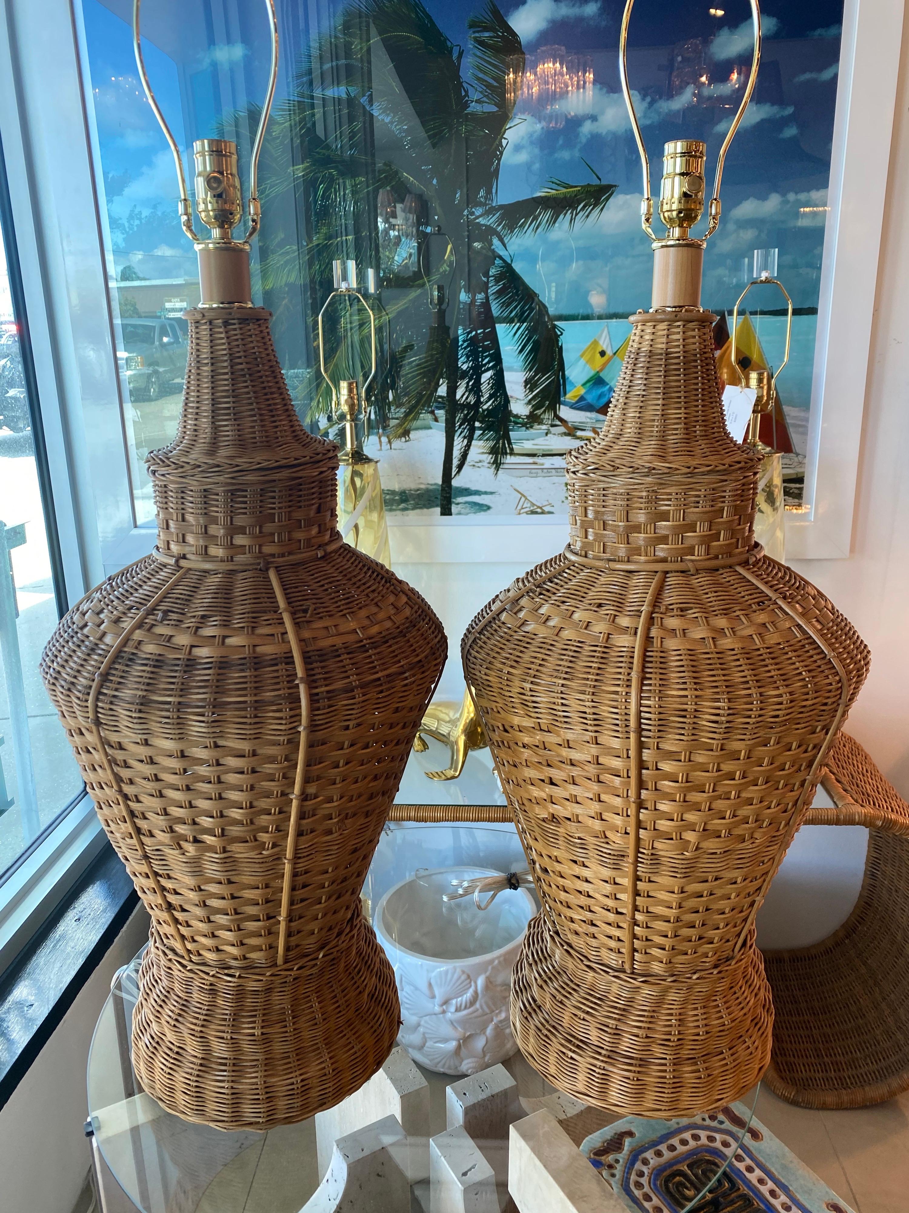 American Vintage Oversized Pair of Wicker Pagoda Table Lamps & Shades Newly Wired