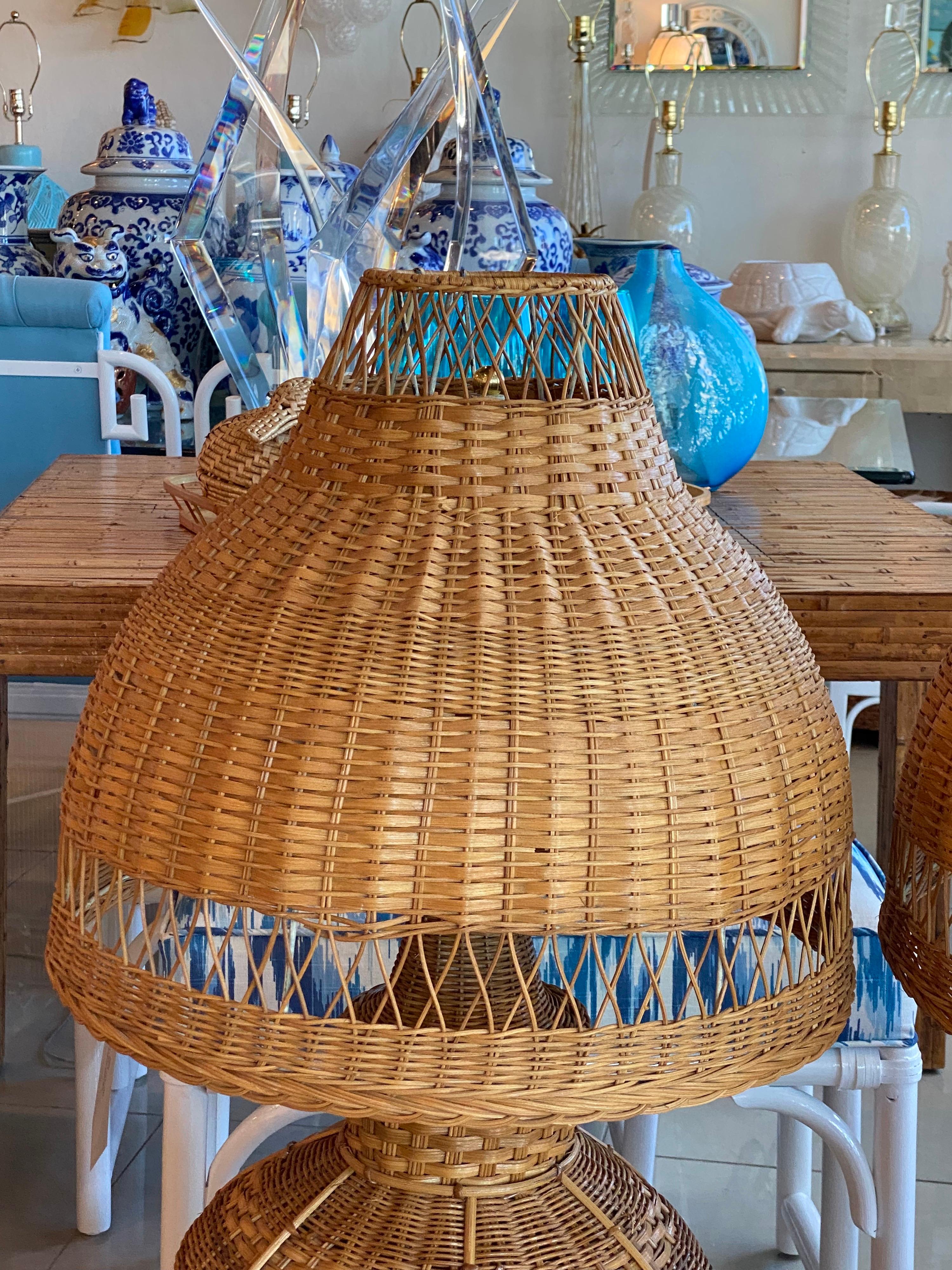 Vintage Oversized Pair of Wicker Pagoda Table Lamps & Shades Newly Wired In Good Condition In West Palm Beach, FL
