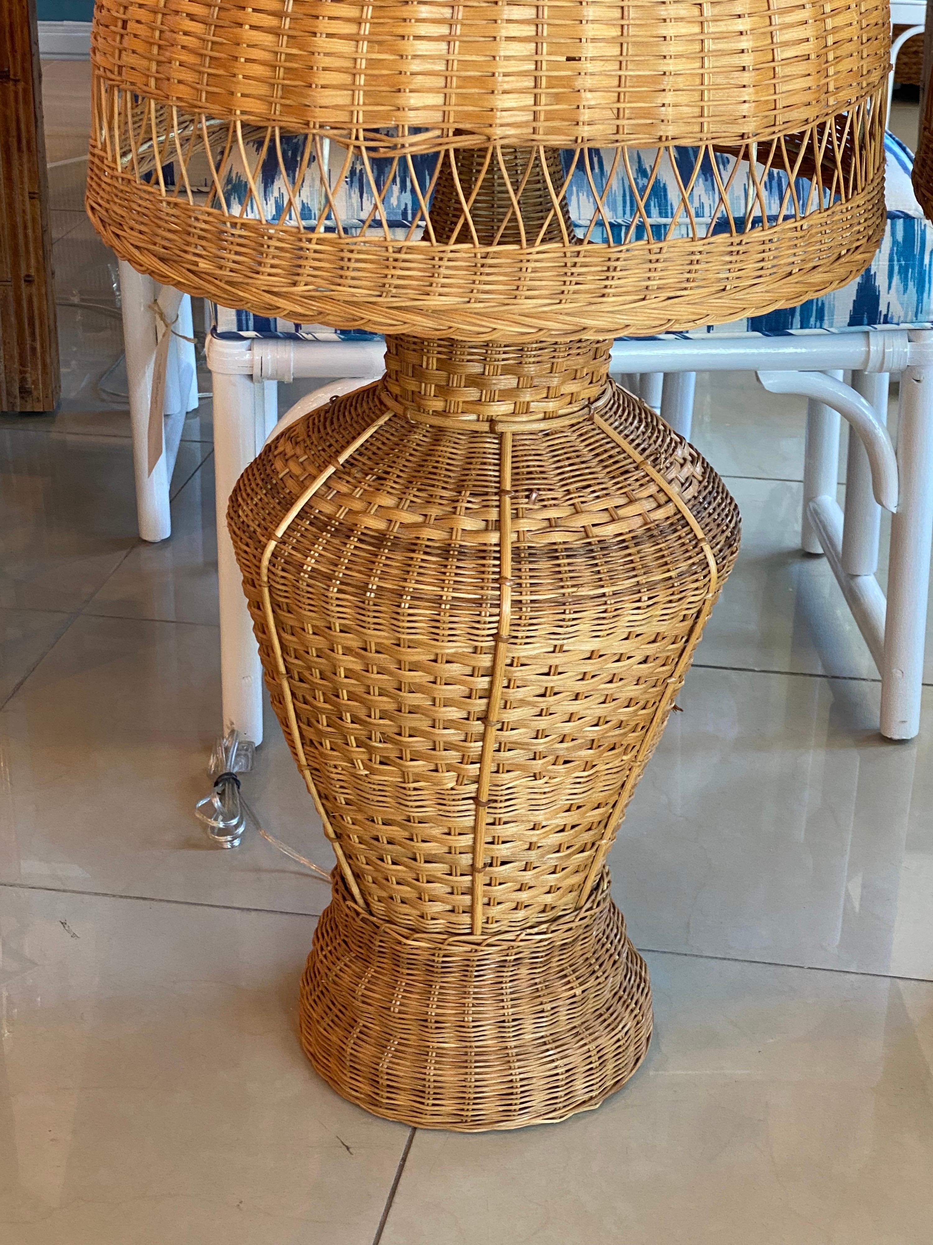 Late 20th Century Vintage Oversized Pair of Wicker Pagoda Table Lamps & Shades Newly Wired