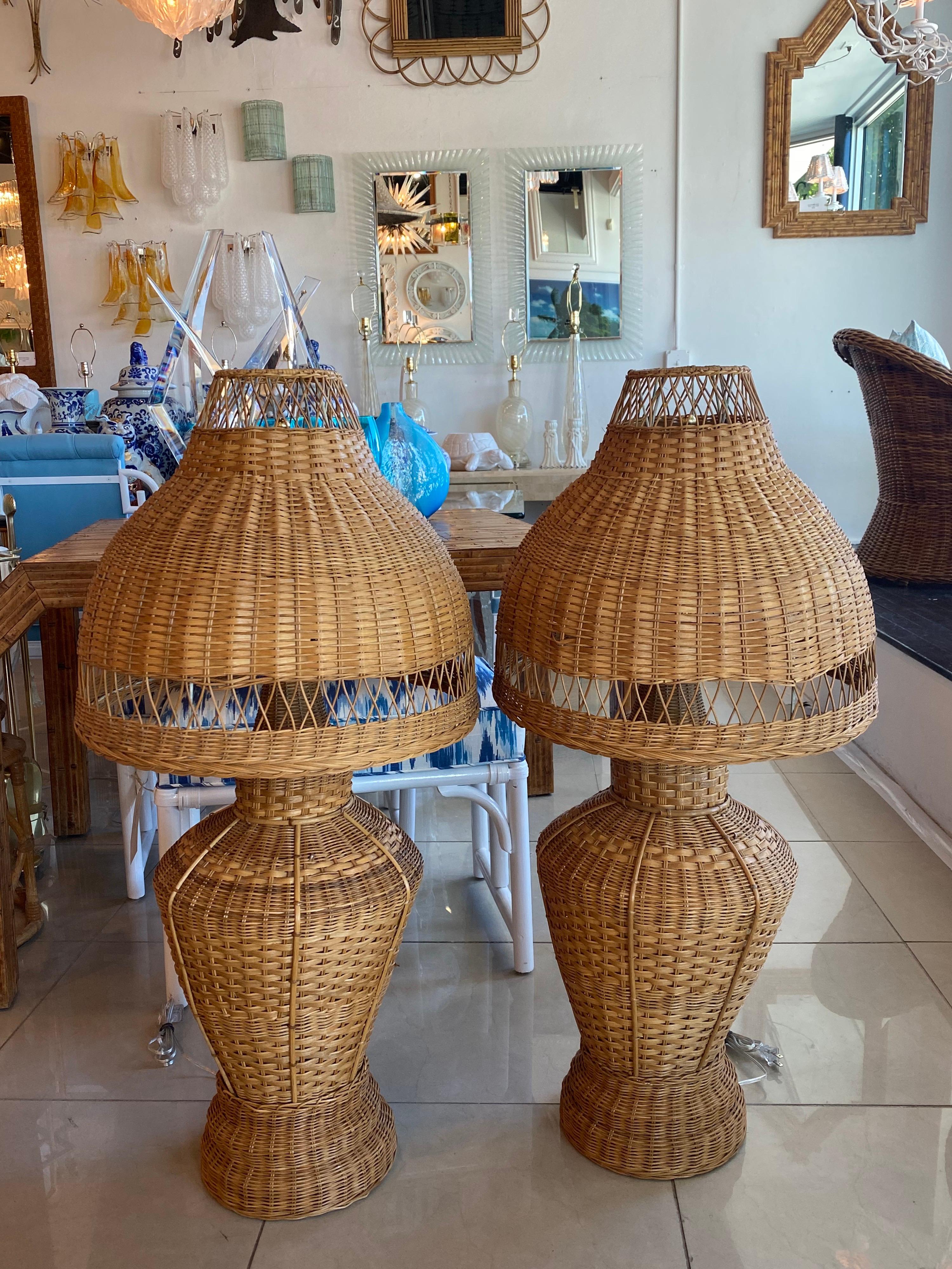 Brass Vintage Oversized Pair of Wicker Pagoda Table Lamps & Shades Newly Wired