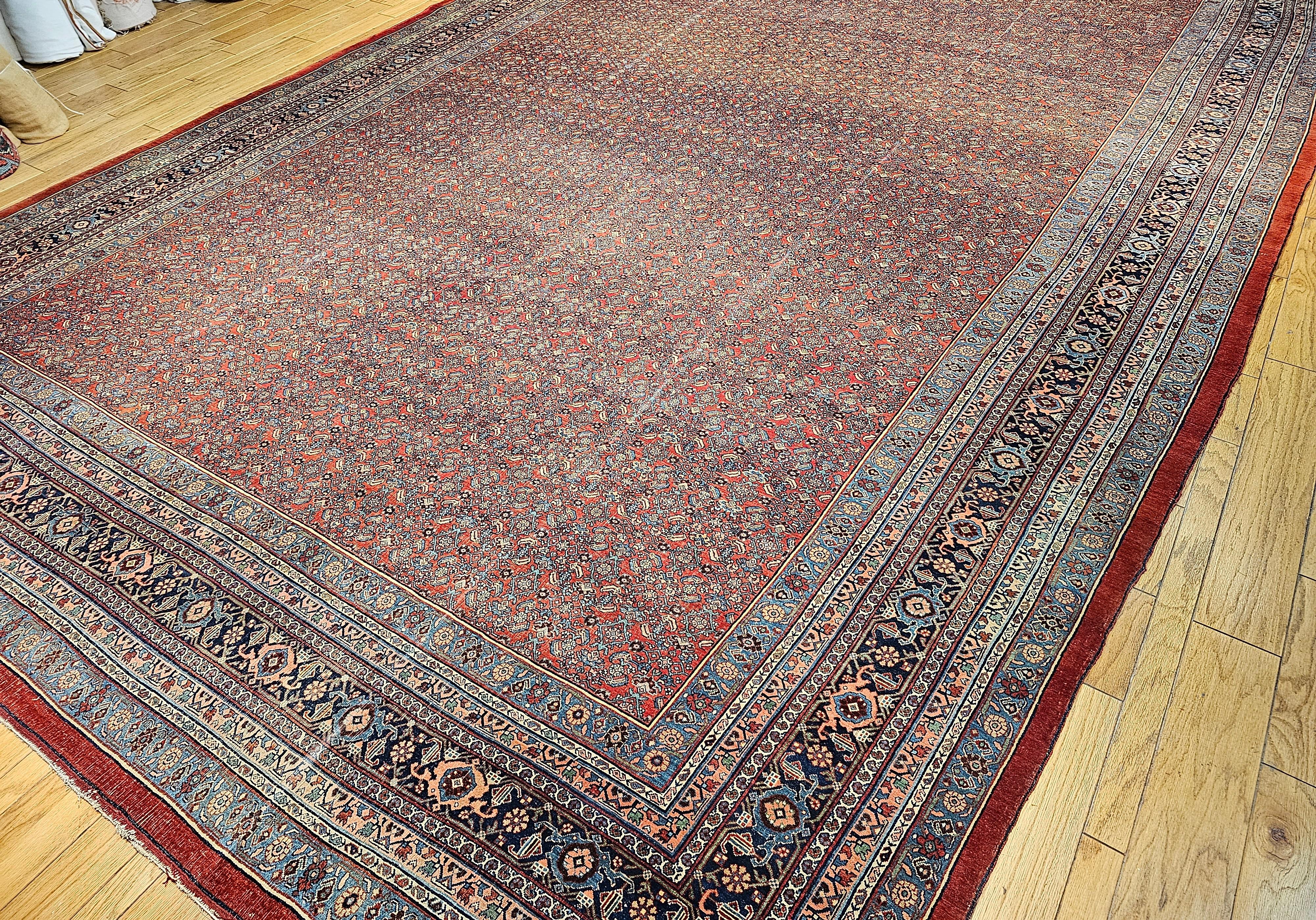 Vintage Oversized Persian Bidjar in All-over Herati Pattern in Red, Navy, Blue For Sale 8