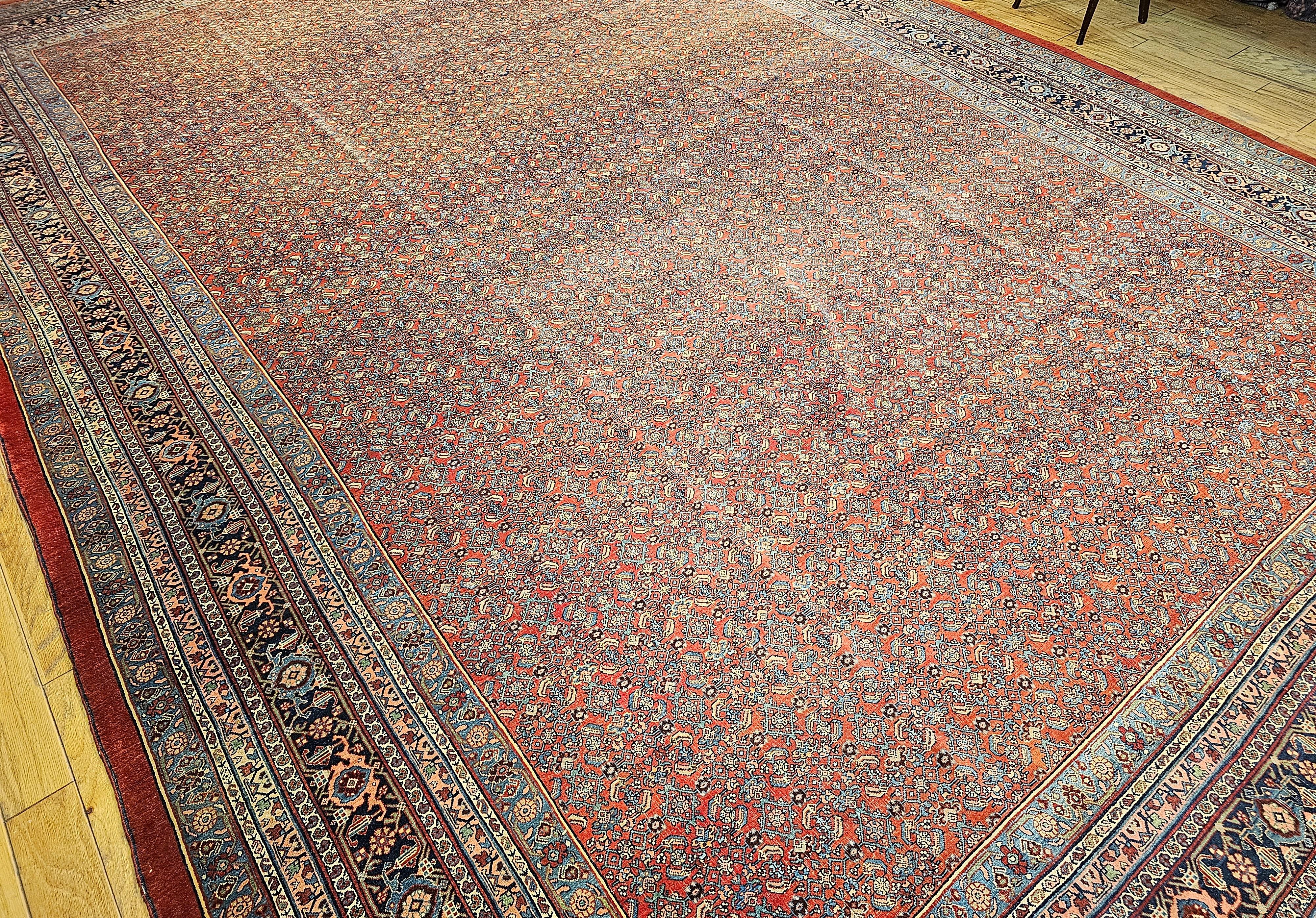 Vintage Oversized Persian Bidjar in All-over Herati Pattern in Red, Navy, Blue For Sale 9