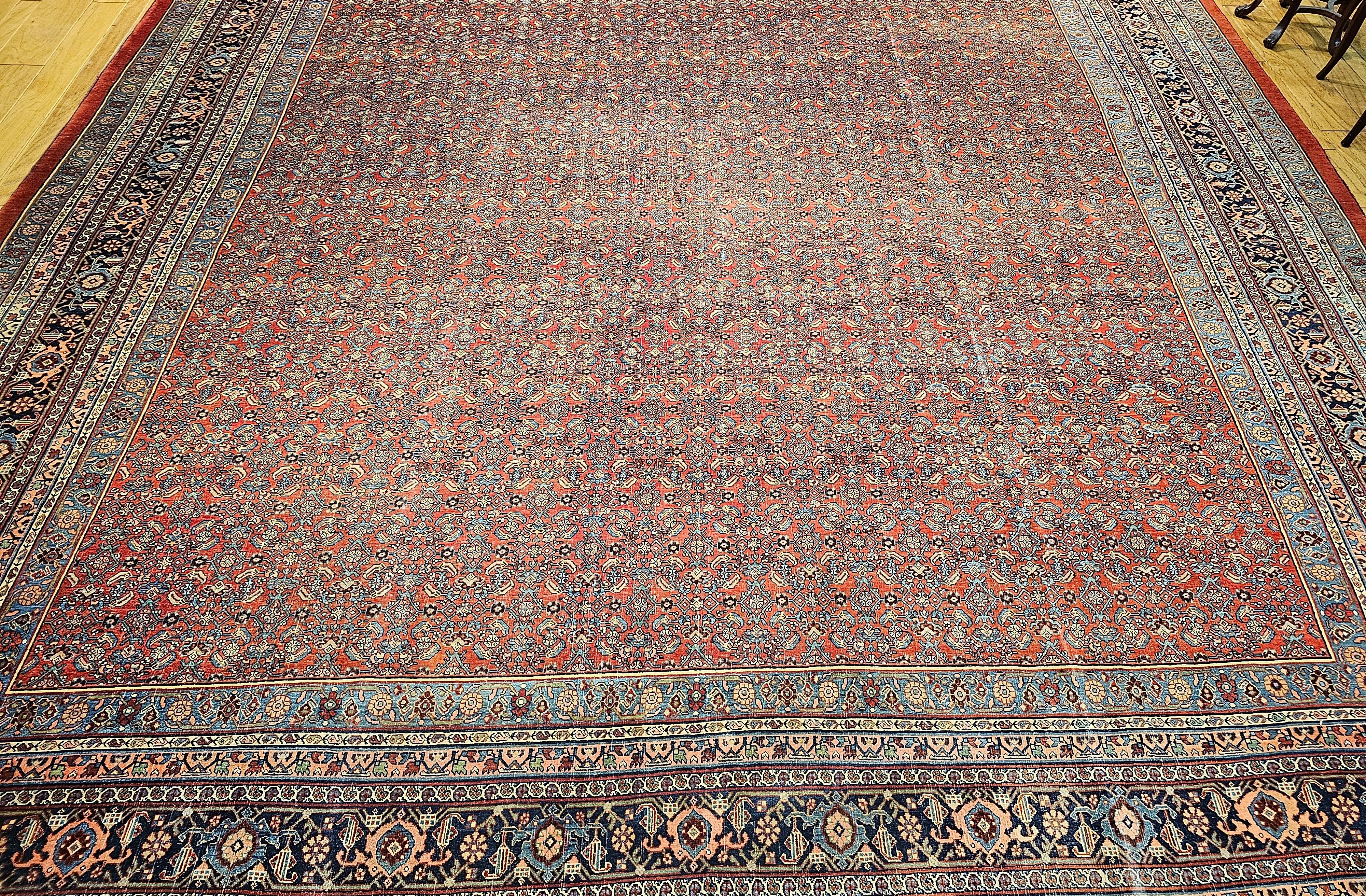 Vintage Oversized Persian Bidjar in All-over Herati Pattern in Red, Navy, Blue For Sale 10