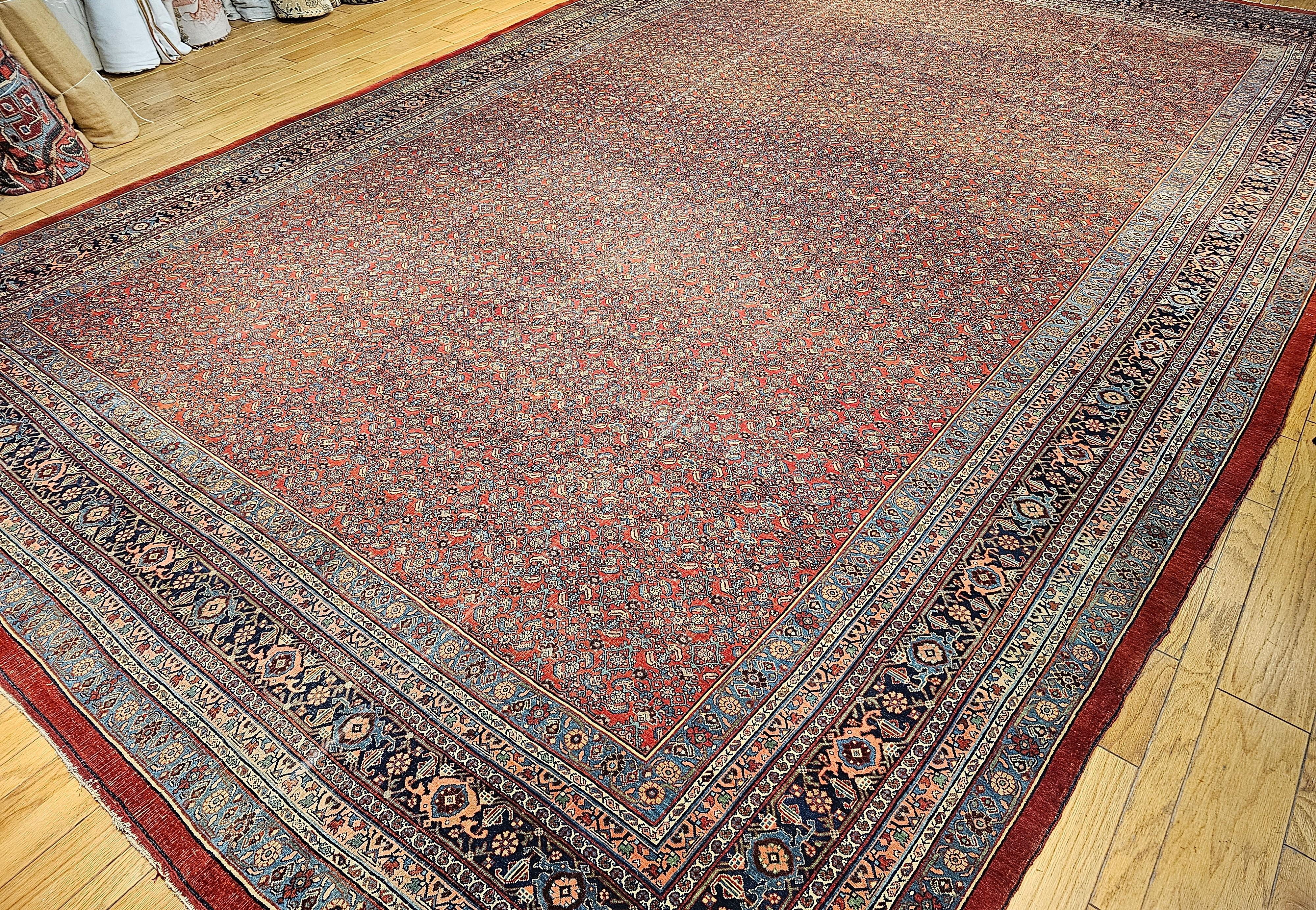 Vintage Oversized Persian Bidjar in All-over Herati Pattern in Red, Navy, Blue For Sale 11