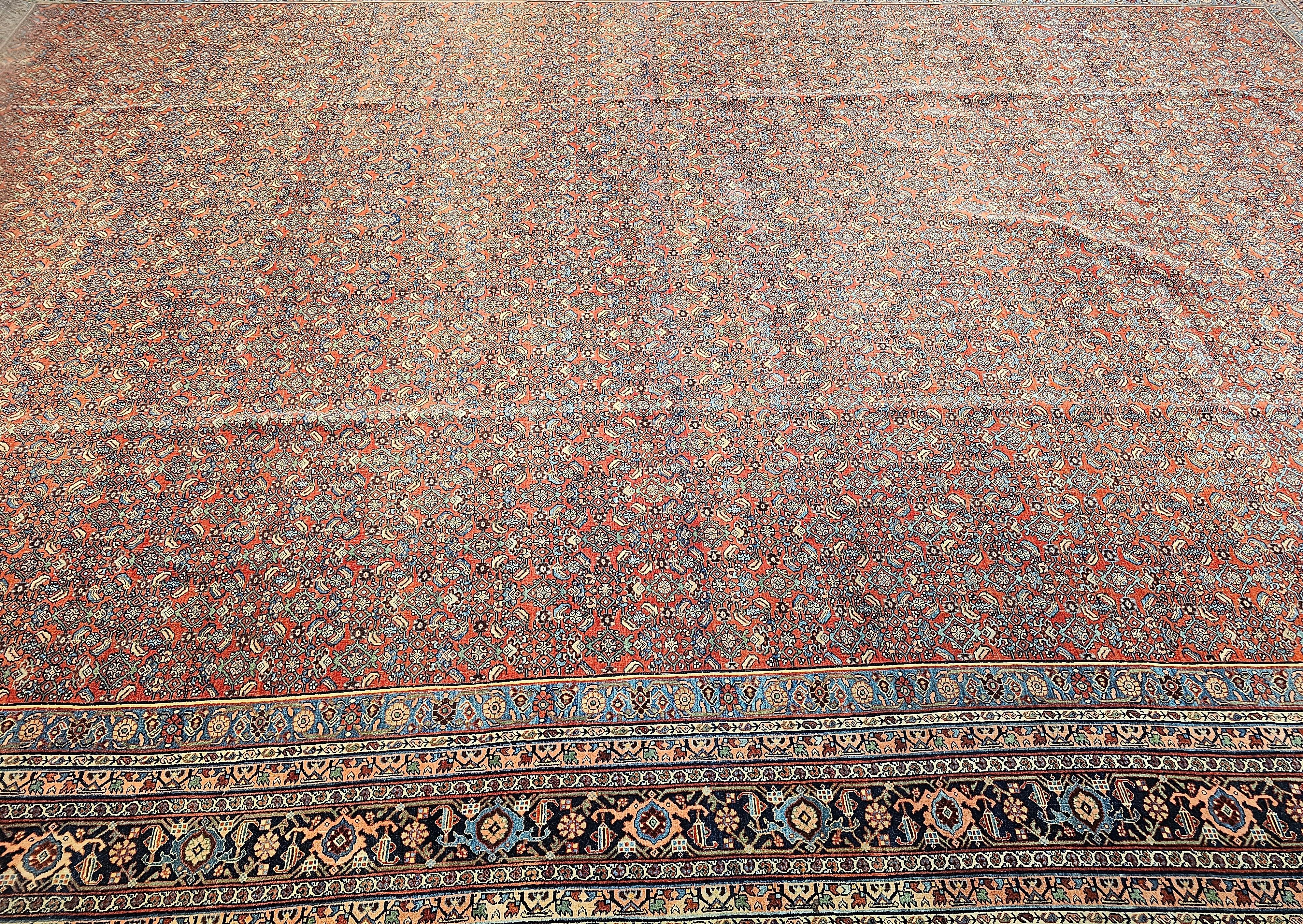 Vintage Oversized Persian Bidjar in All-over Herati Pattern in Red, Navy, Blue For Sale 14