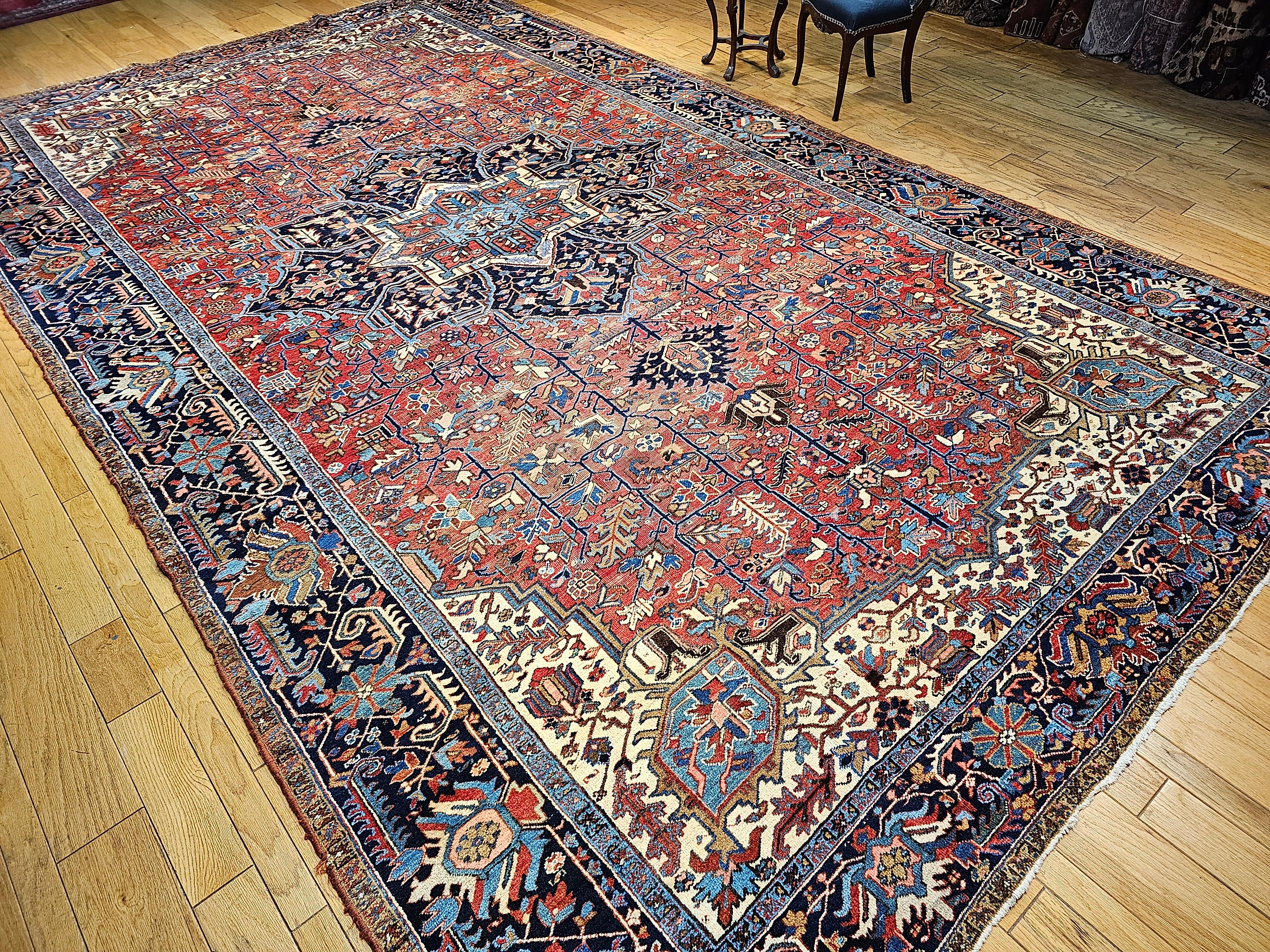Vintage Oversized Persian Heriz Karajah in Brick-Red, French Blue, Ivory, Green For Sale 4