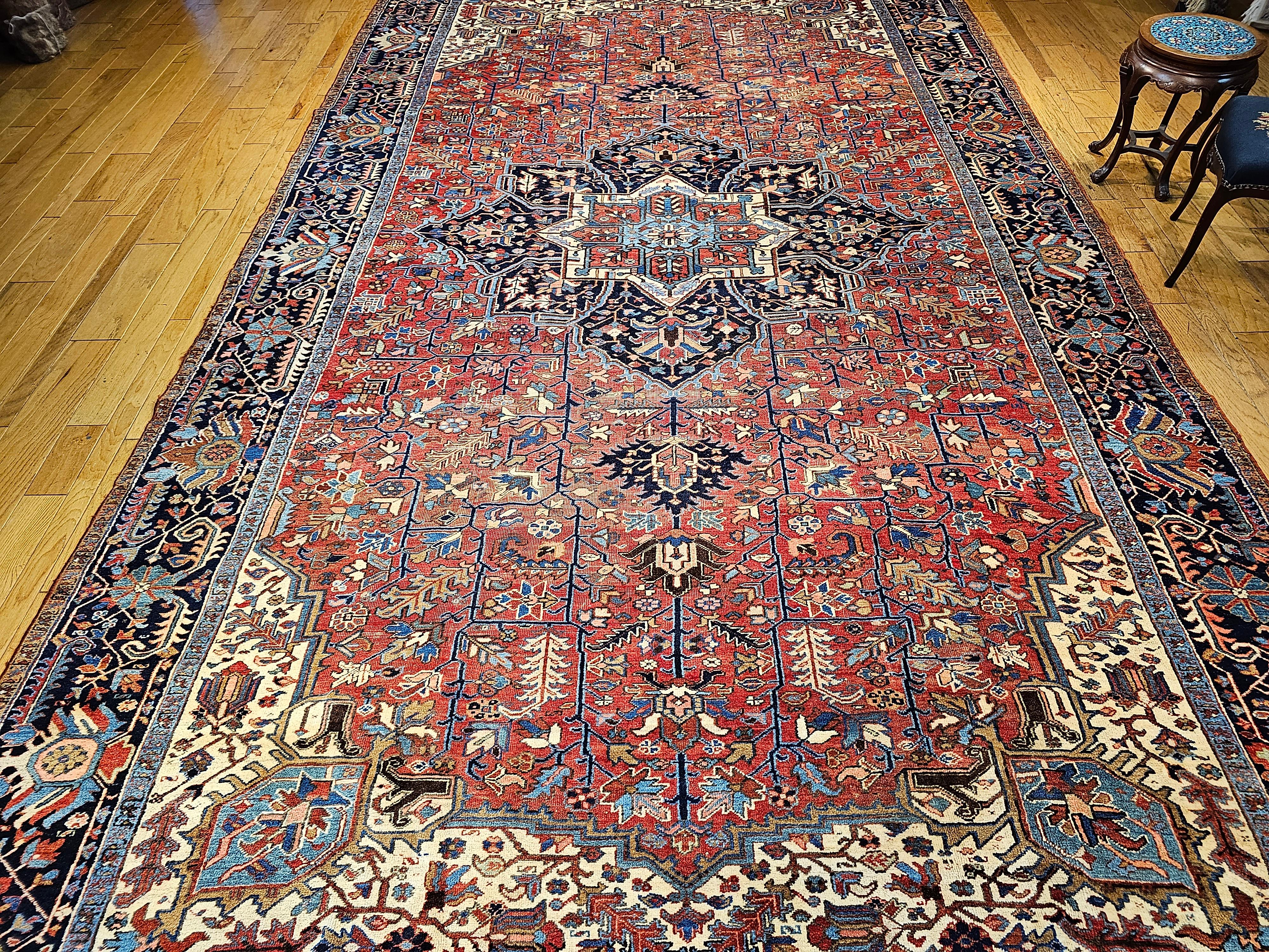 Vintage Oversized Persian Heriz Karajah in Brick-Red, French Blue, Ivory, Green For Sale 5