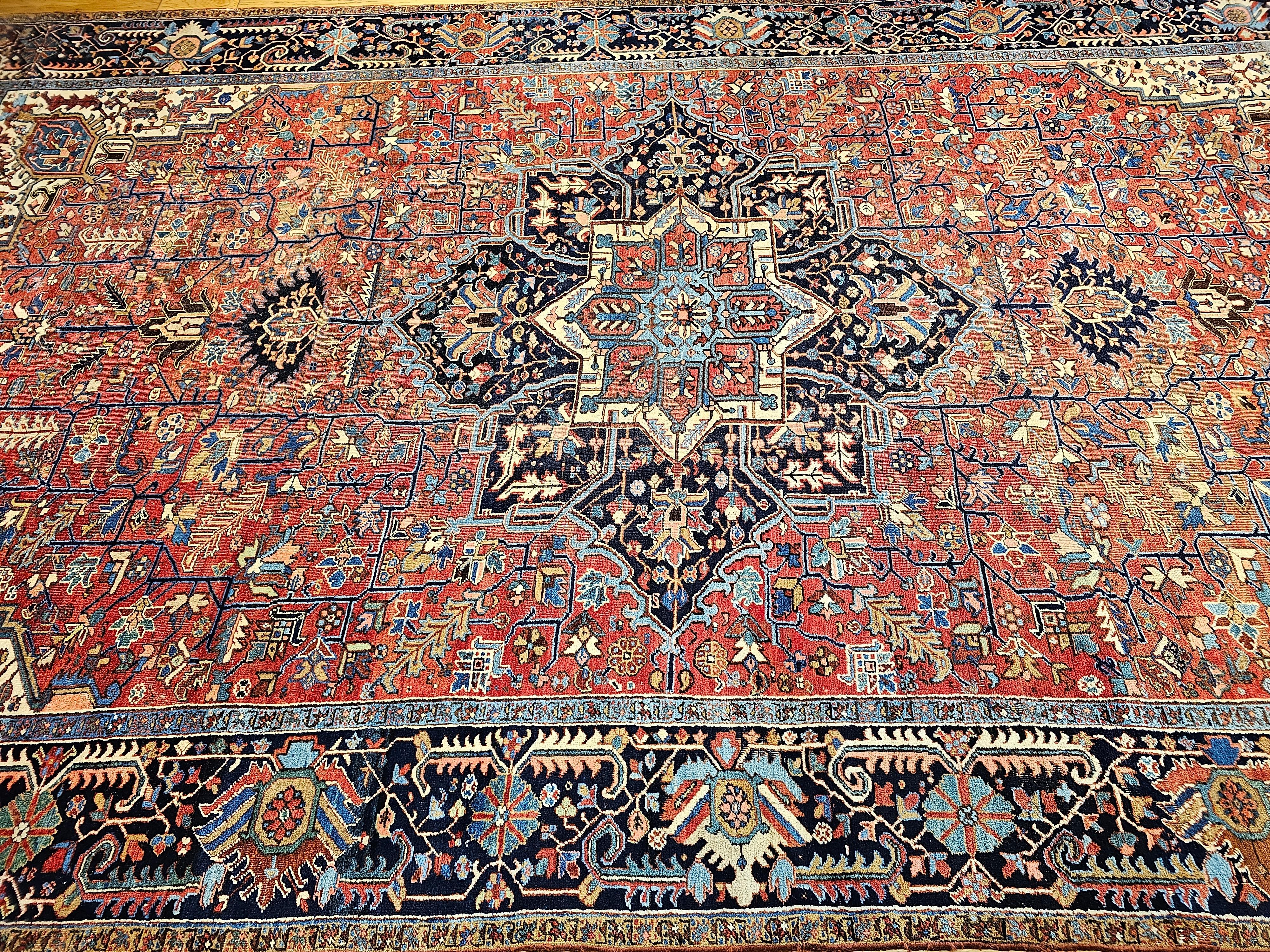 Vintage Oversized Persian Heriz Karajah in Brick-Red, French Blue, Ivory, Green For Sale 6