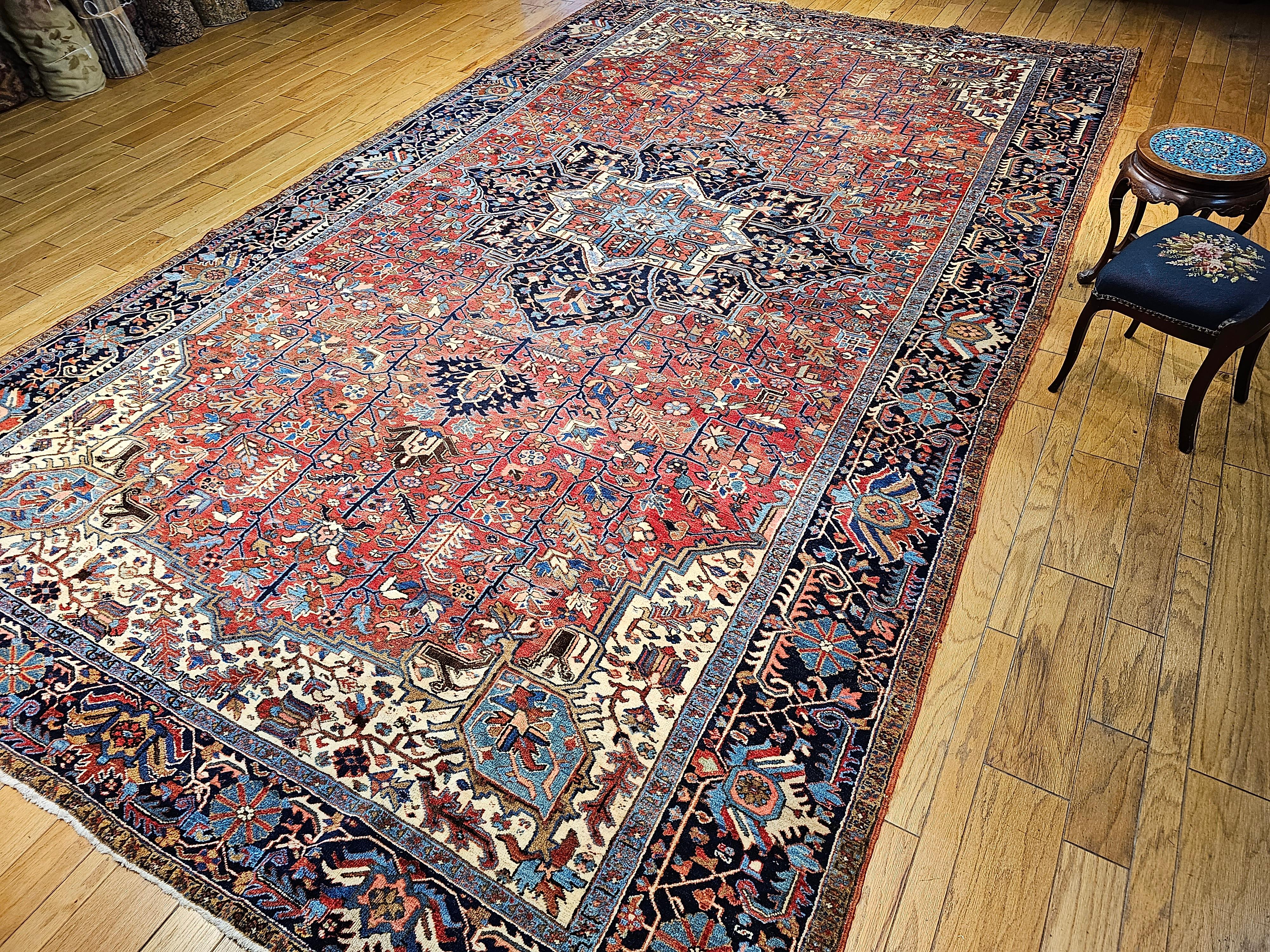 Vintage Oversized Persian Heriz Karajah in Brick-Red, French Blue, Ivory, Green For Sale 7