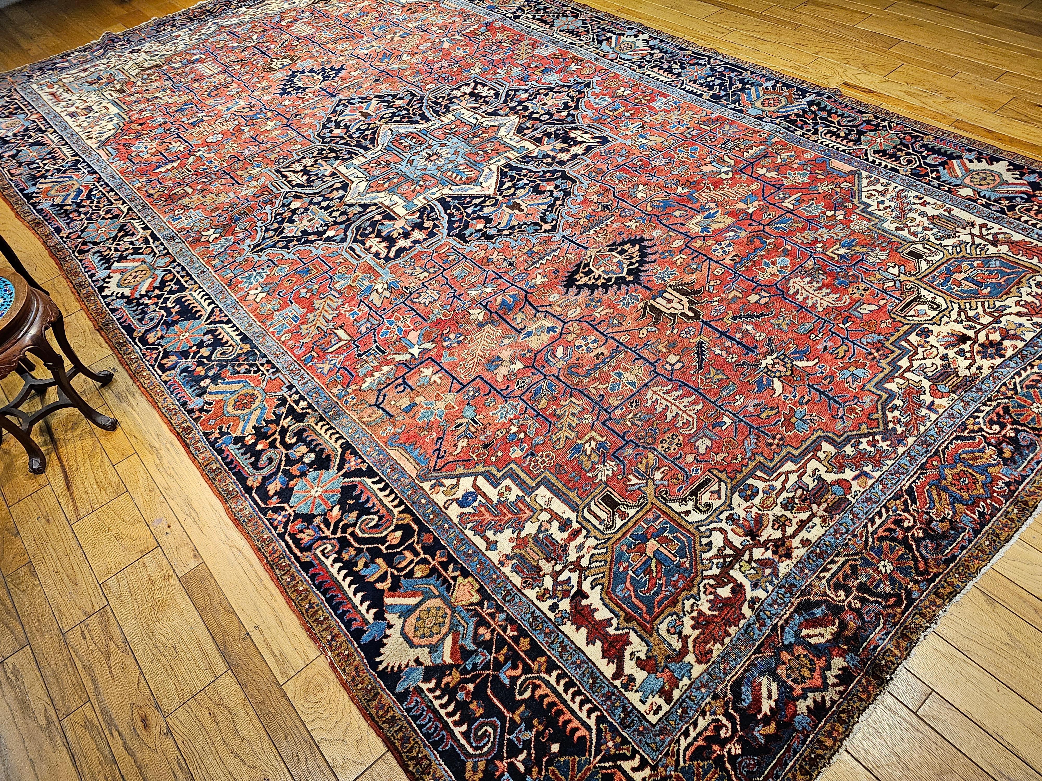 Vintage Oversized Persian Heriz Karajah in Brick-Red, French Blue, Ivory, Green For Sale 8