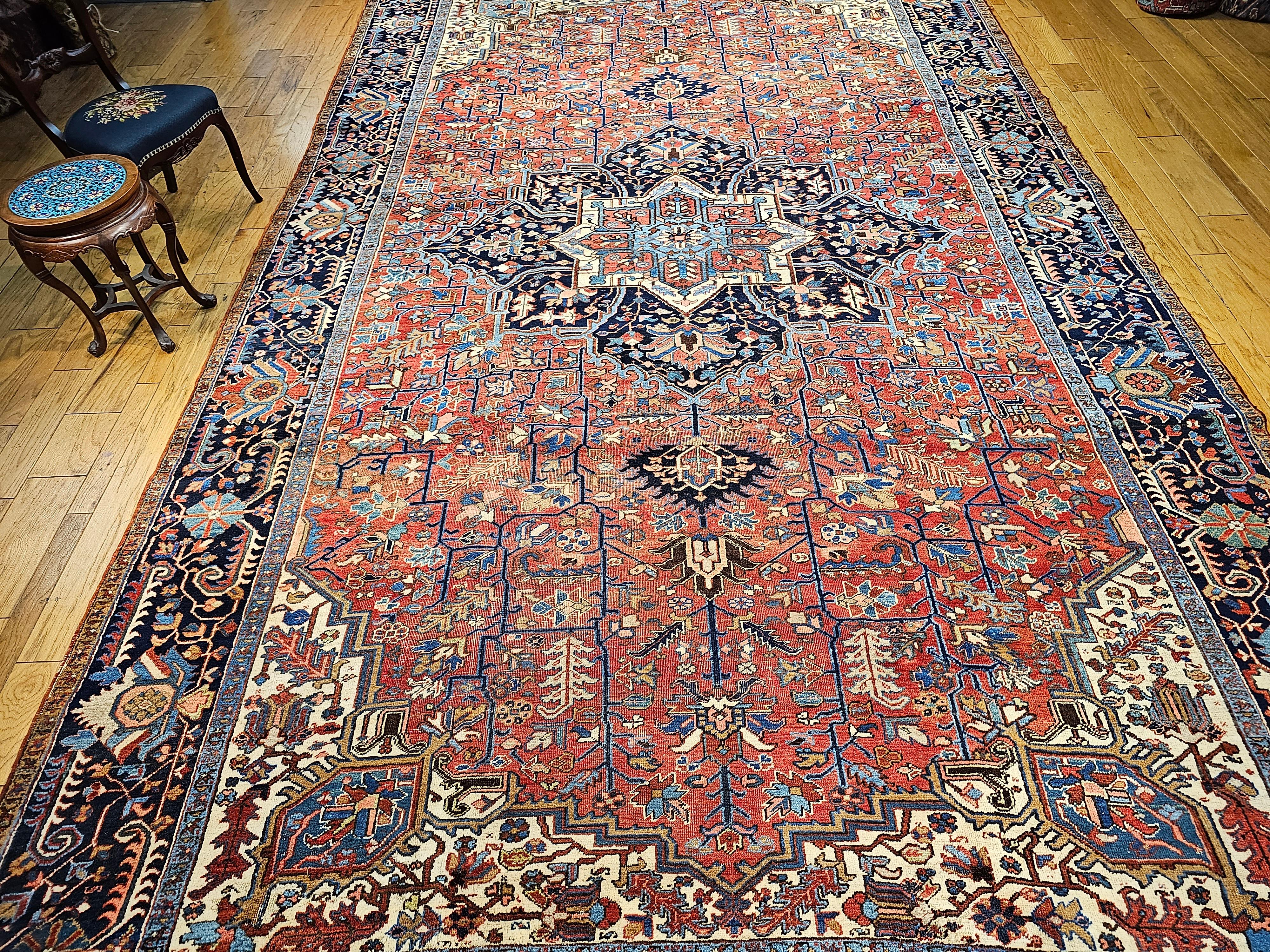Vintage Oversized Persian Heriz Karajah in Brick-Red, French Blue, Ivory, Green For Sale 9