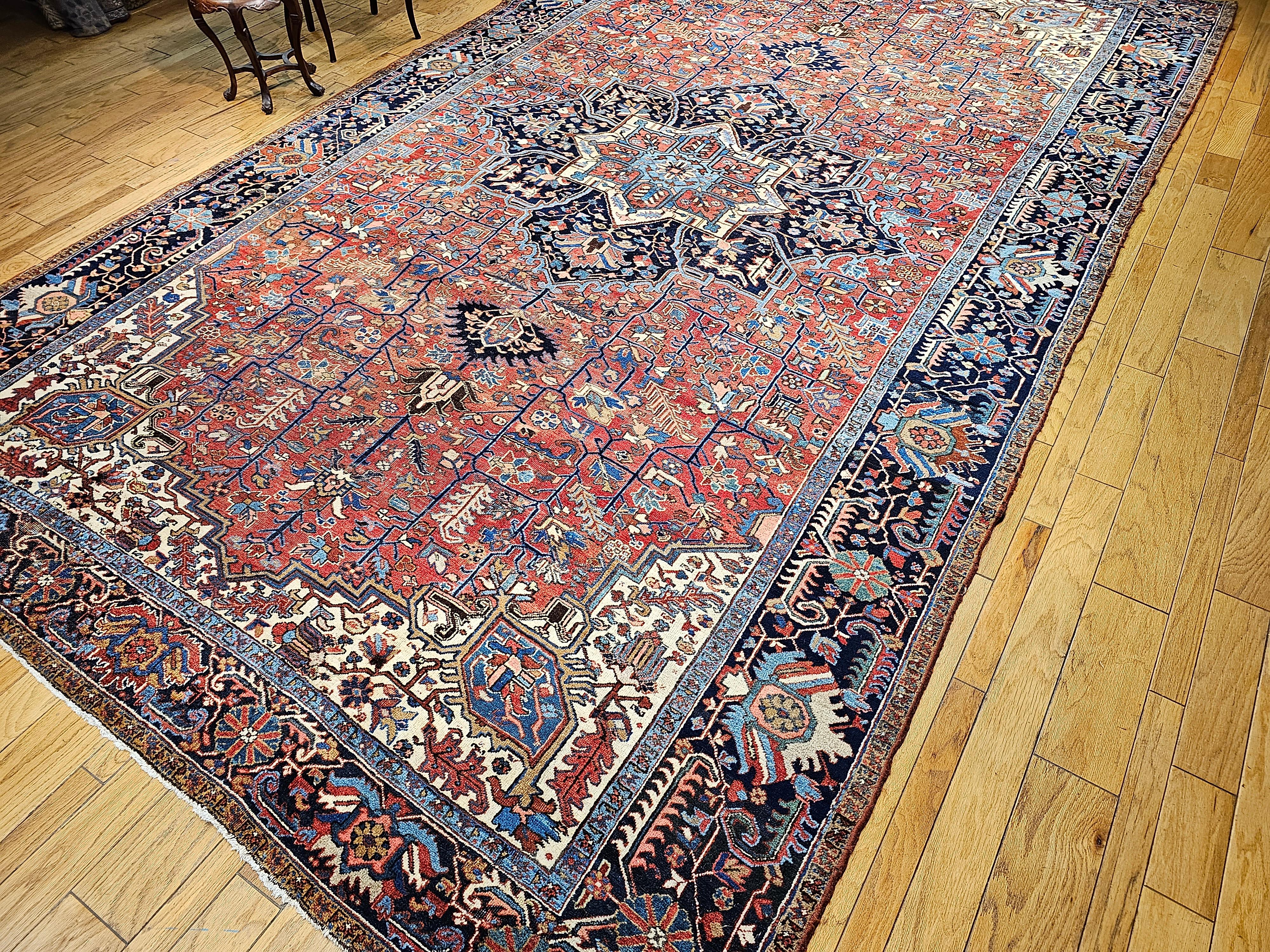 Vintage Oversized Persian Heriz Karajah in Brick-Red, French Blue, Ivory, Green For Sale 10