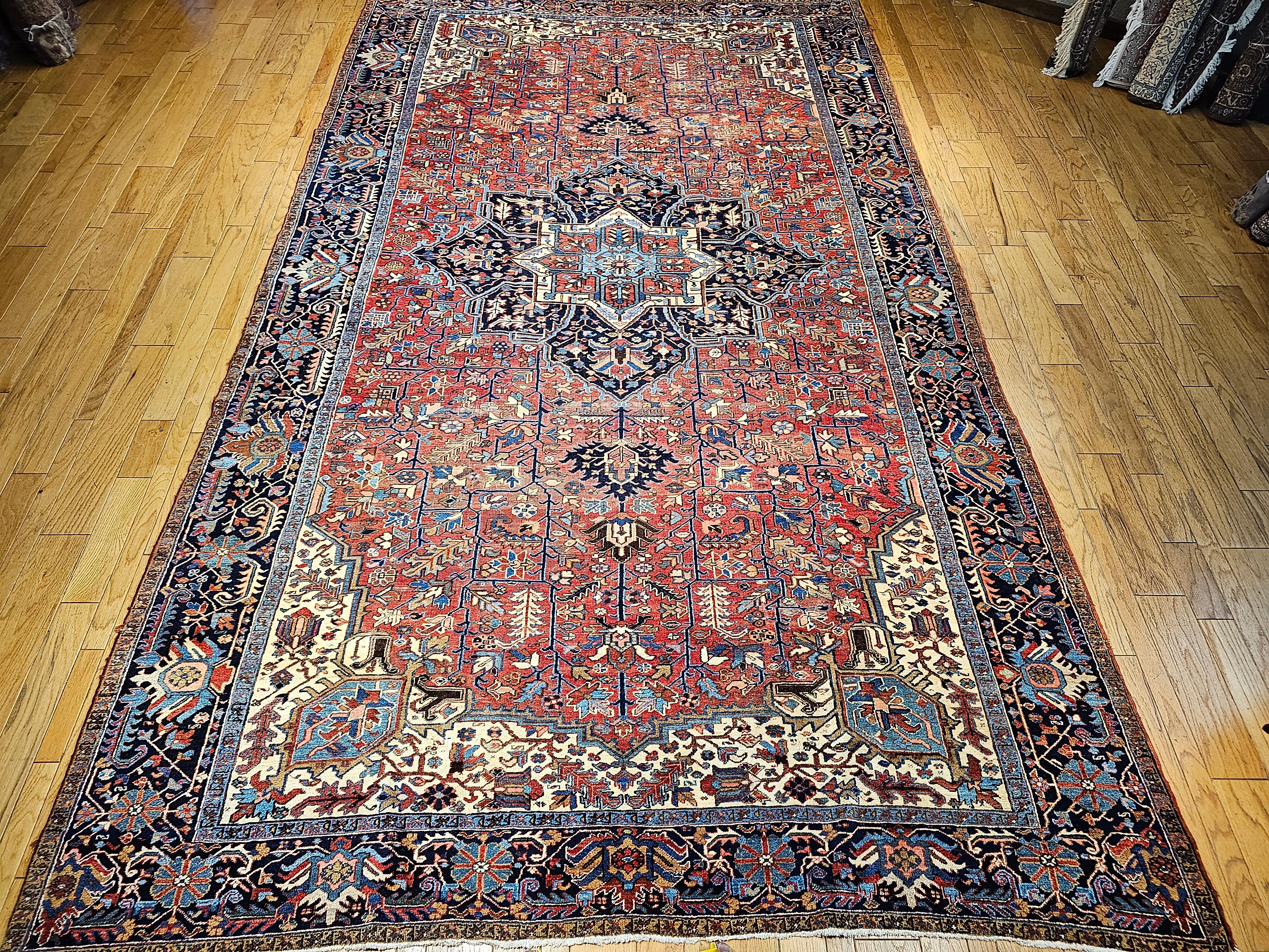 Vintage Oversized Persian Heriz Karajah in Brick-Red, French Blue, Ivory, Green For Sale 11